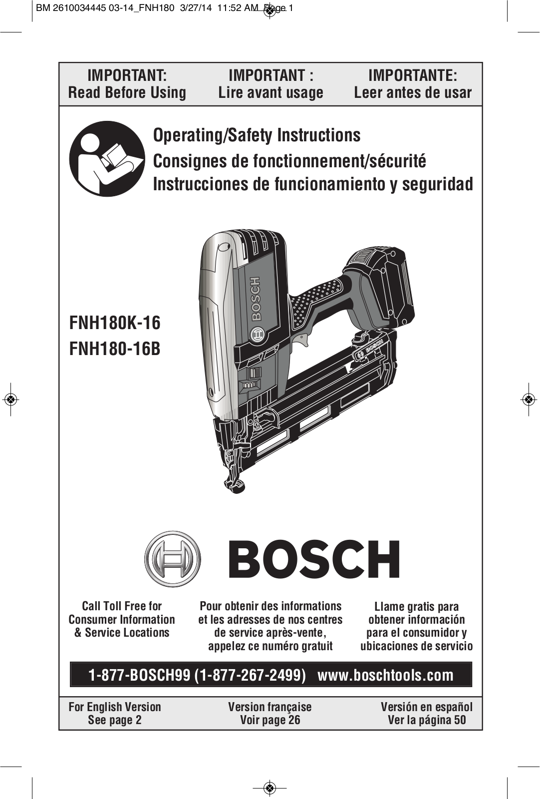 Bosch Power Tools FNH180K-16, FNH180-16BN User Manual