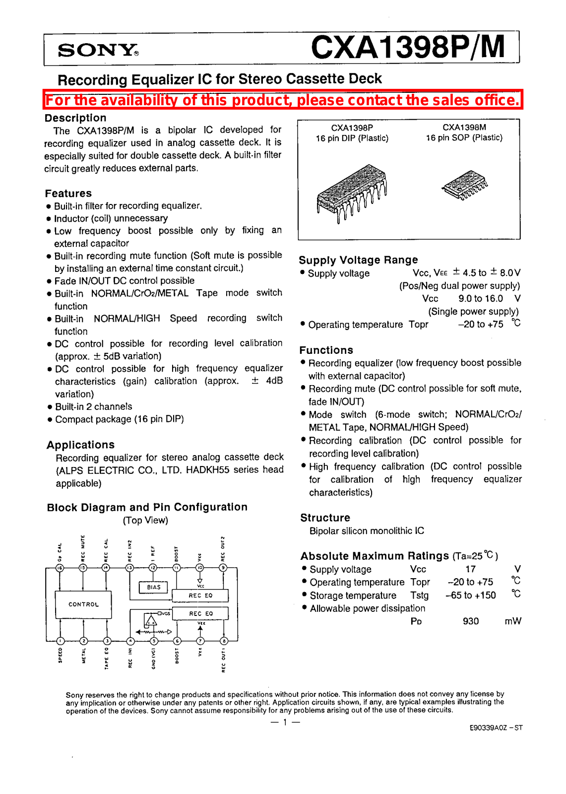 Sony CXA1398P, CXA1398M Datasheet