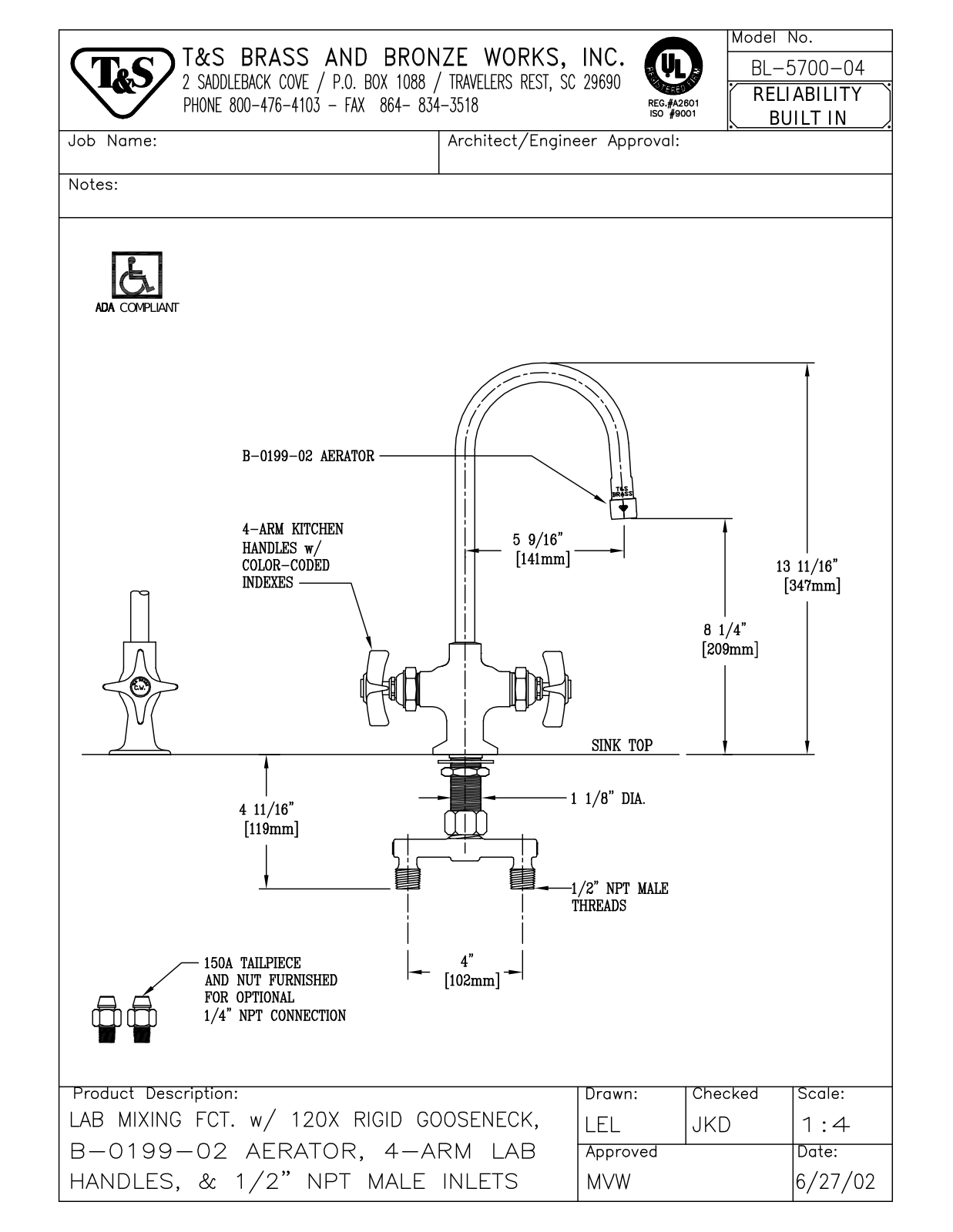 T & S Brass & Bronze Works BL-5700-04 General Manual