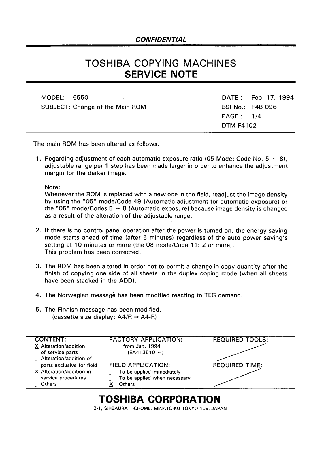 Toshiba f4b096 Service Note