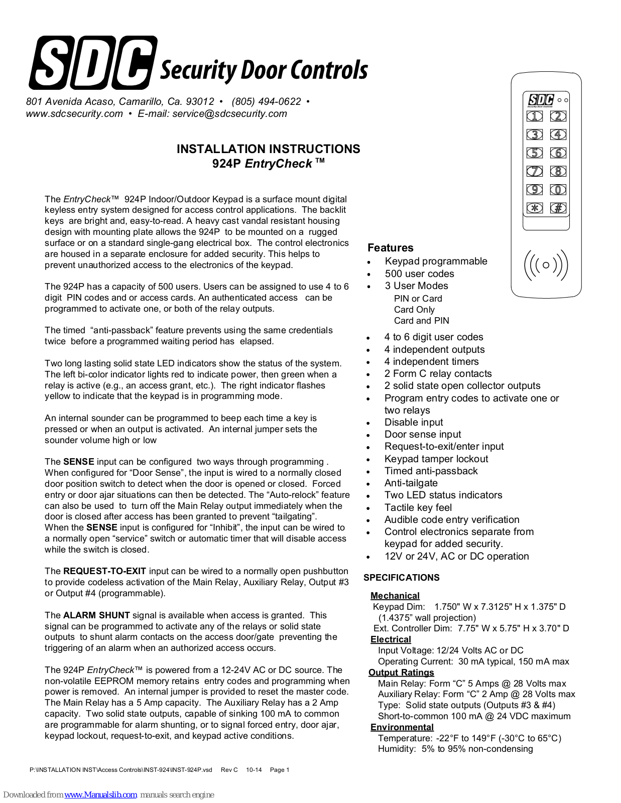 SDC 924P EntryCheck Installation Instructions Manual - ManualMachine.com