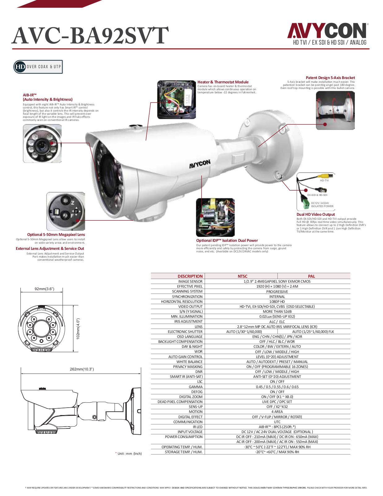 Avycon AVC-BA92SVT, AVC-BA92SVT-W Specsheet