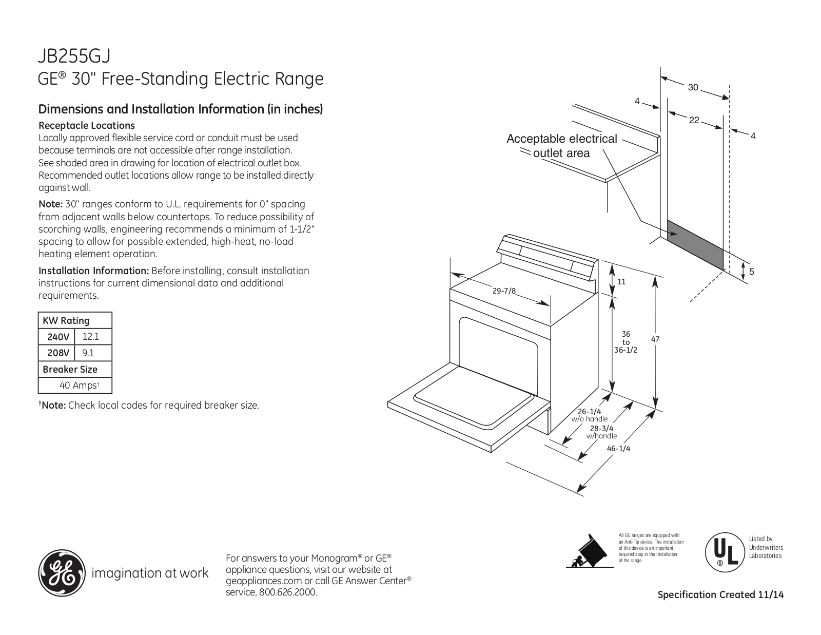 GE JB255GJSA Specs