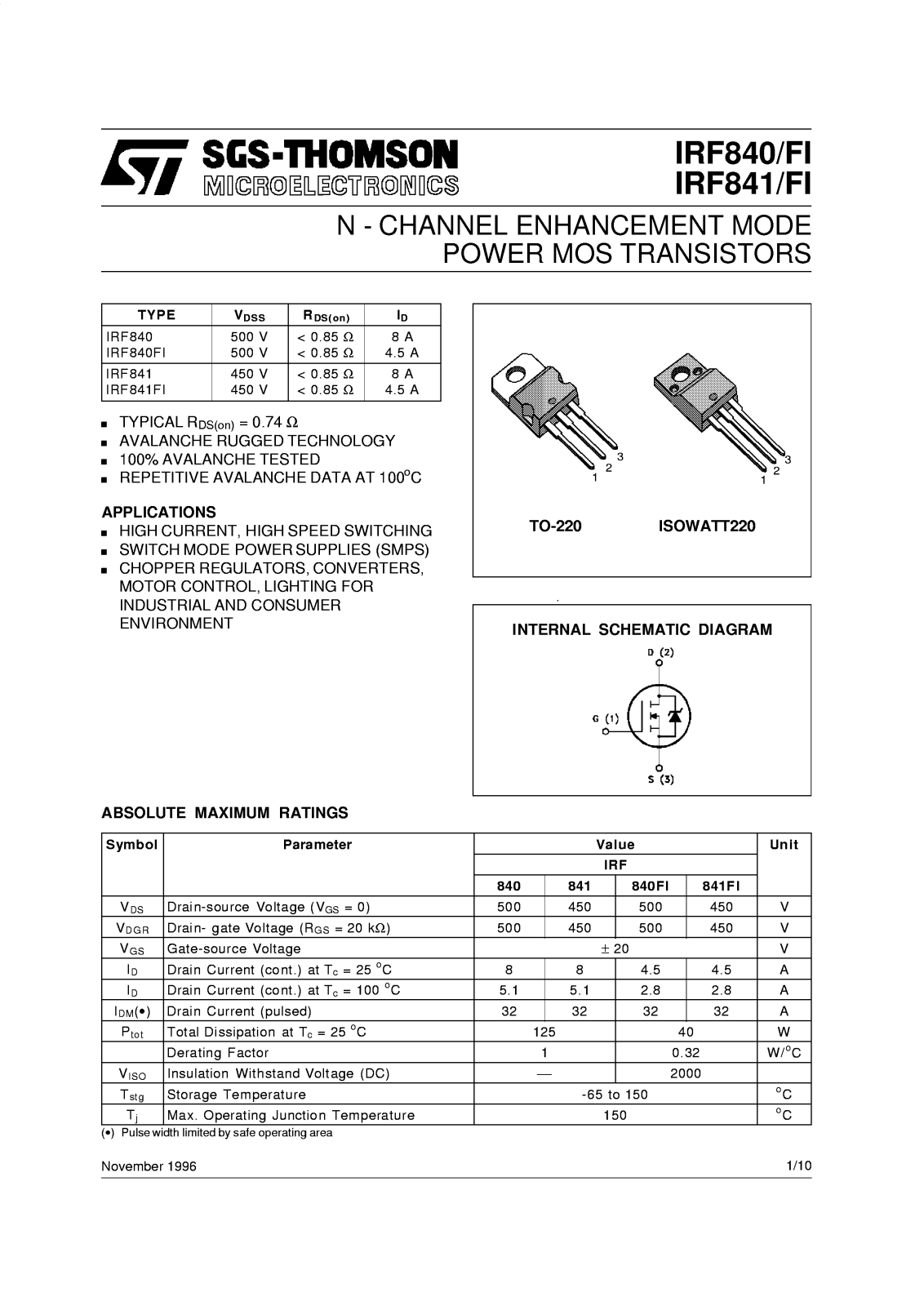 SGS Thomson Microelectronics IRF841F1, IRF840F1, IRF840, IRF841 Datasheet