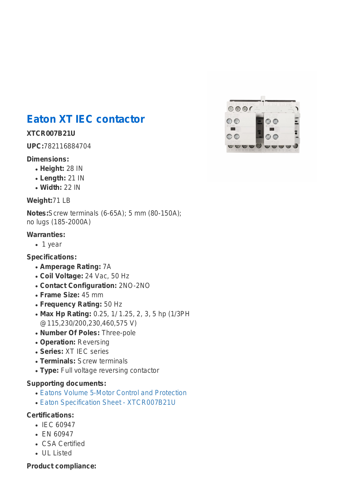 Cutler Hammer, Div of Eaton Corp XTCR007B21U Data Sheet