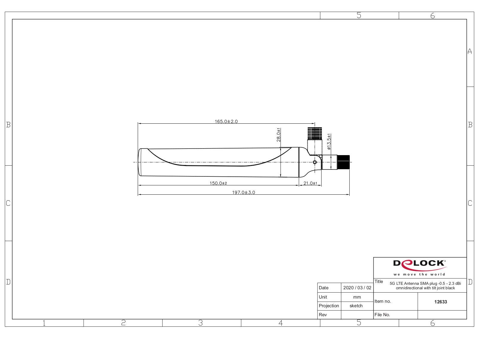 DeLOCK 5G LTE antenna, SMA, 2.93dBi, omnidirectional, black Dimensional drawing