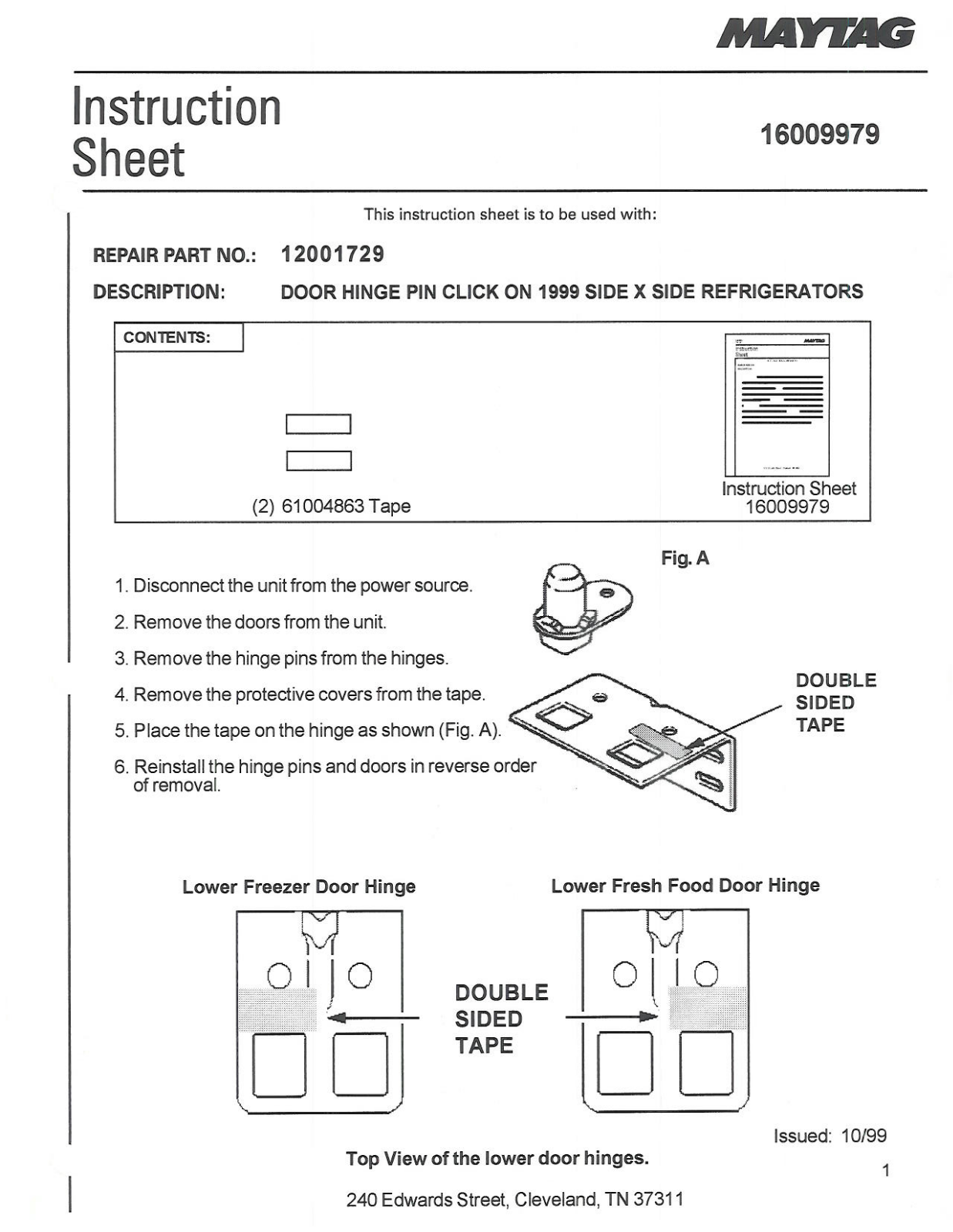 Maytag 12001729 Instruction Sheet