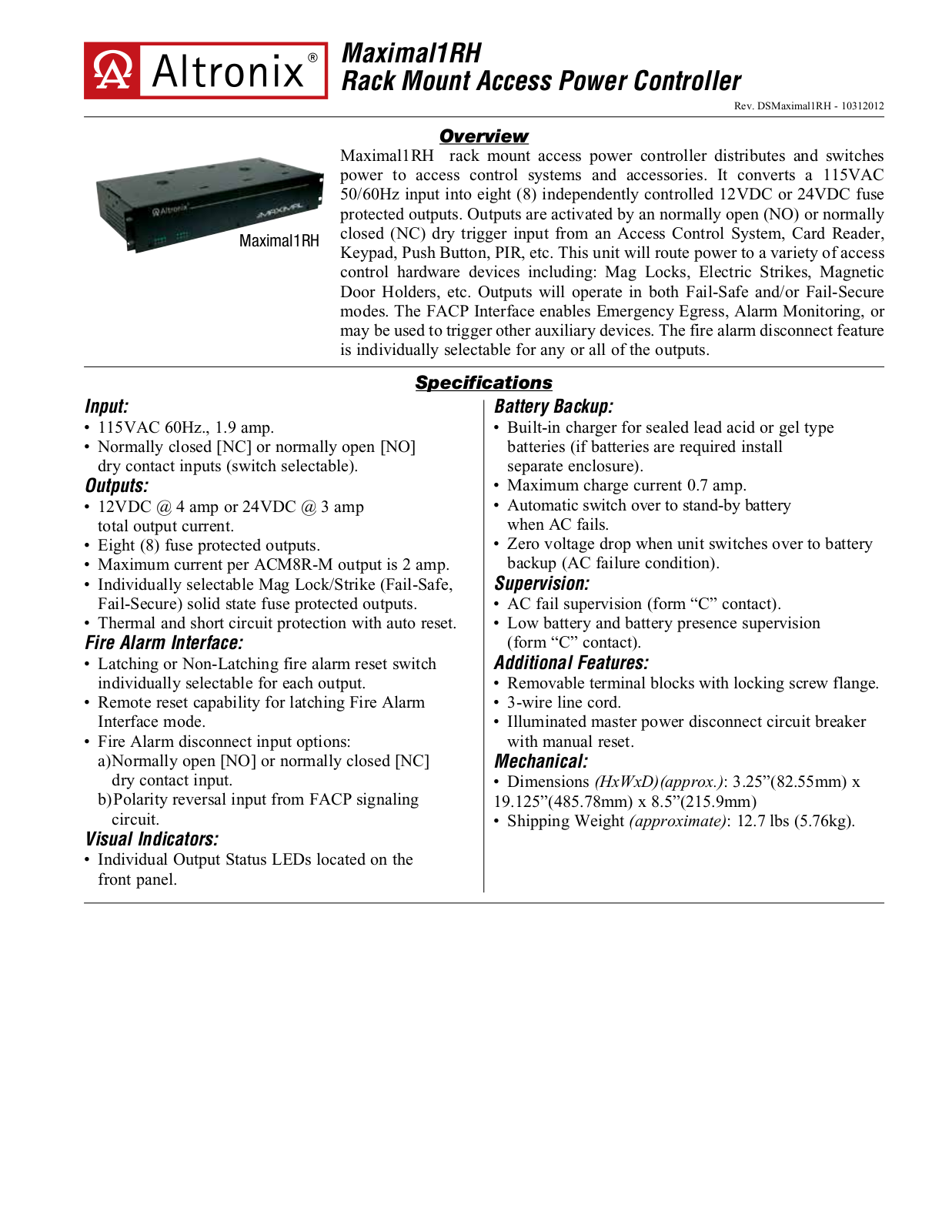 Altronix MAXIMAL1RH Specsheet