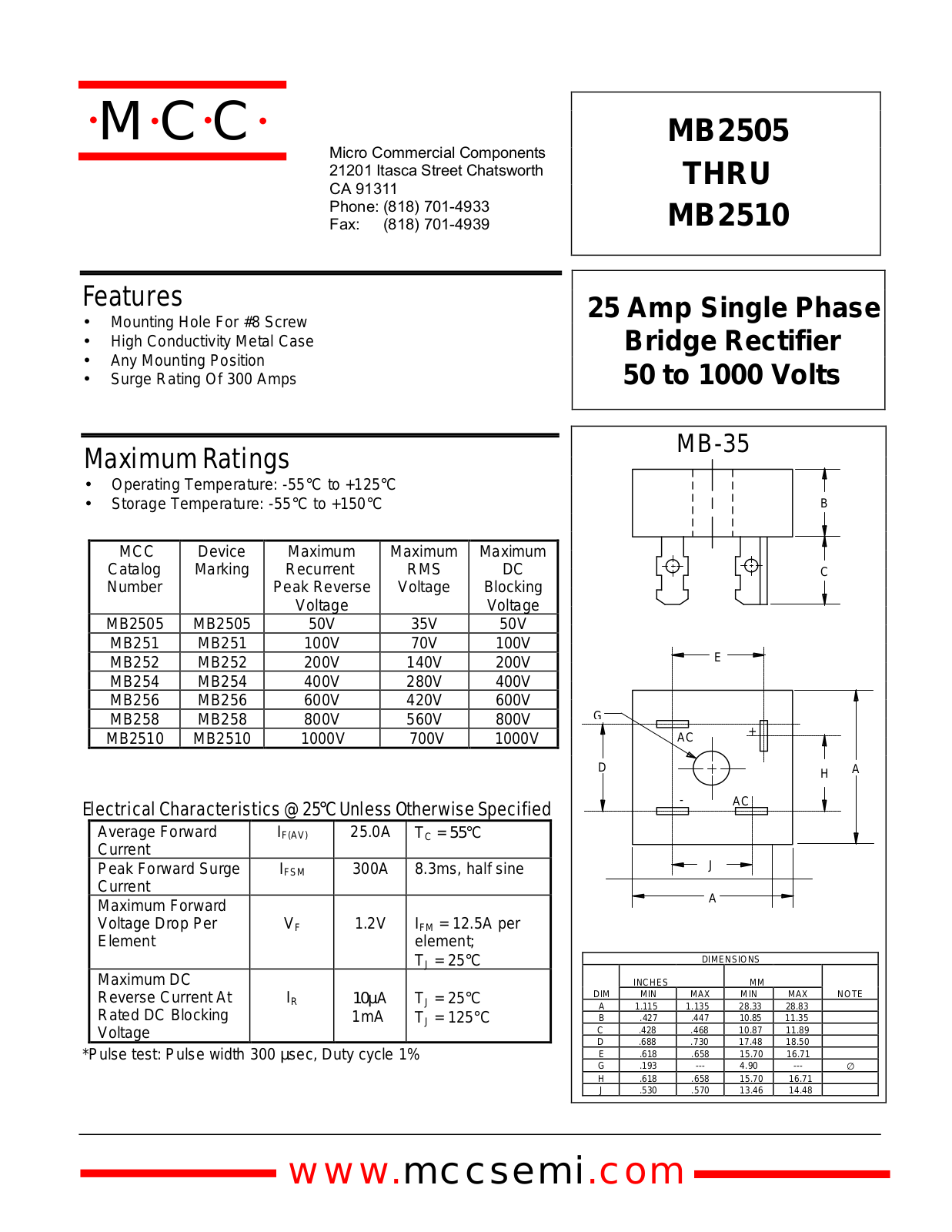 MCC MB258, MB252, MB251, MB2505, MB254 Datasheet