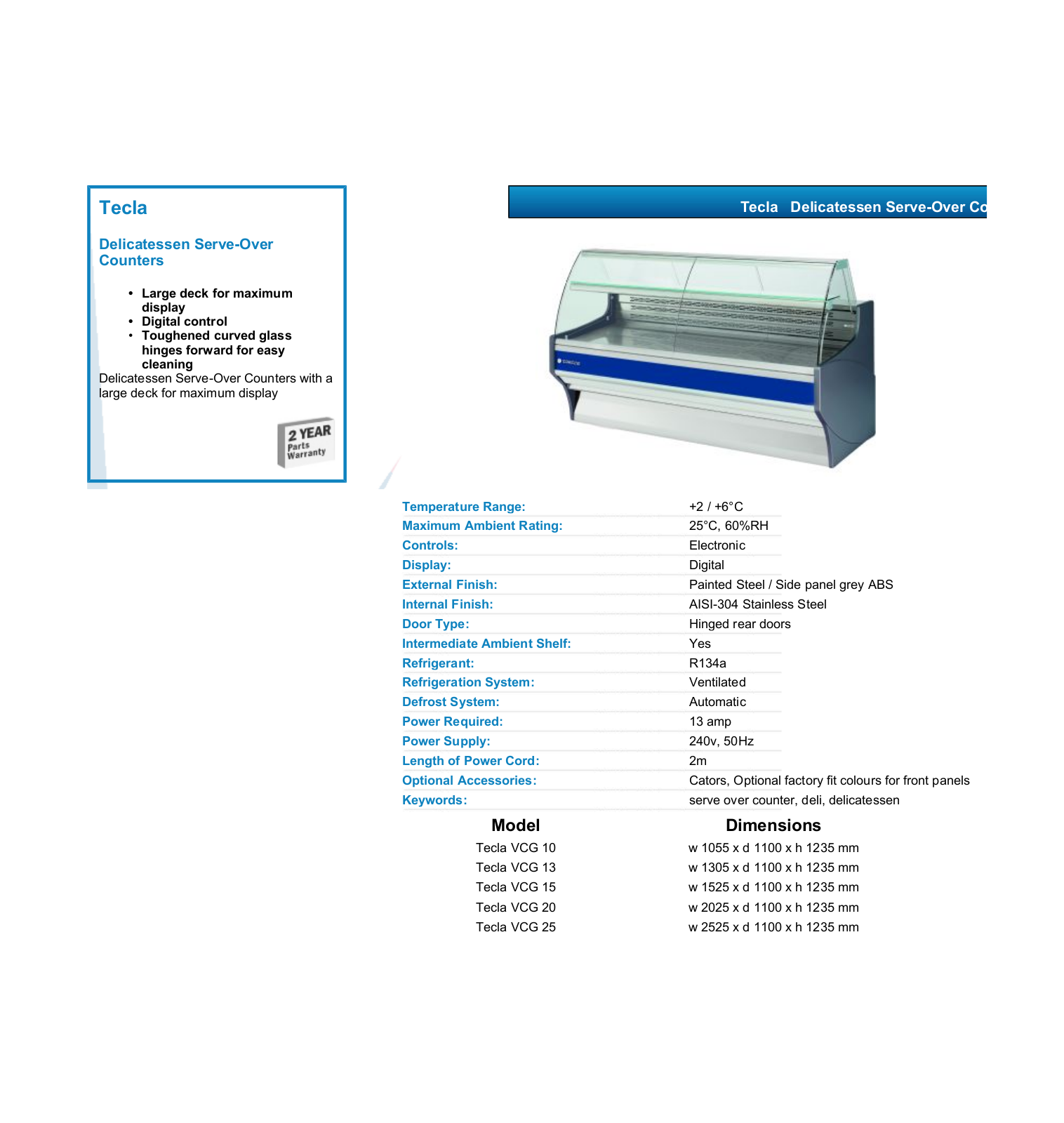 Valera TECLA VCG 10, TECLA VCG 13, TECLA VCG 15, TECLA VCG 25, TECLA VCG 20 DATASHEET