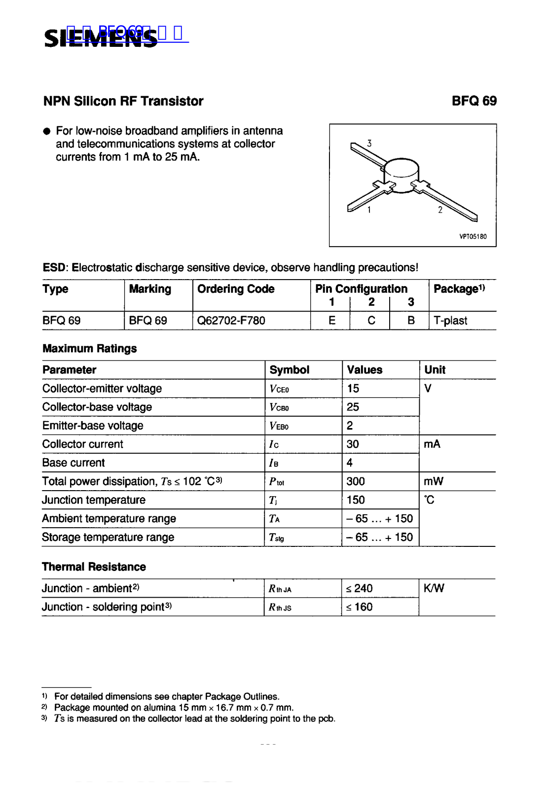 Siemens BFQ 69 Technical data