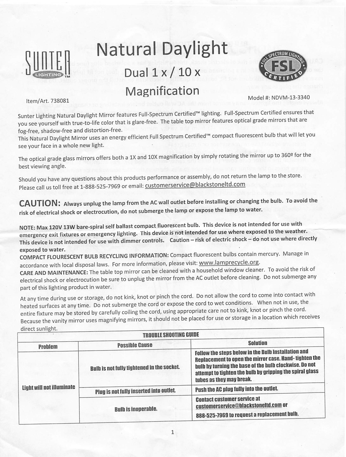 Sunter Lighting GT3340-1, NDVM-13-3340 User Manual - ManualMachine.com
