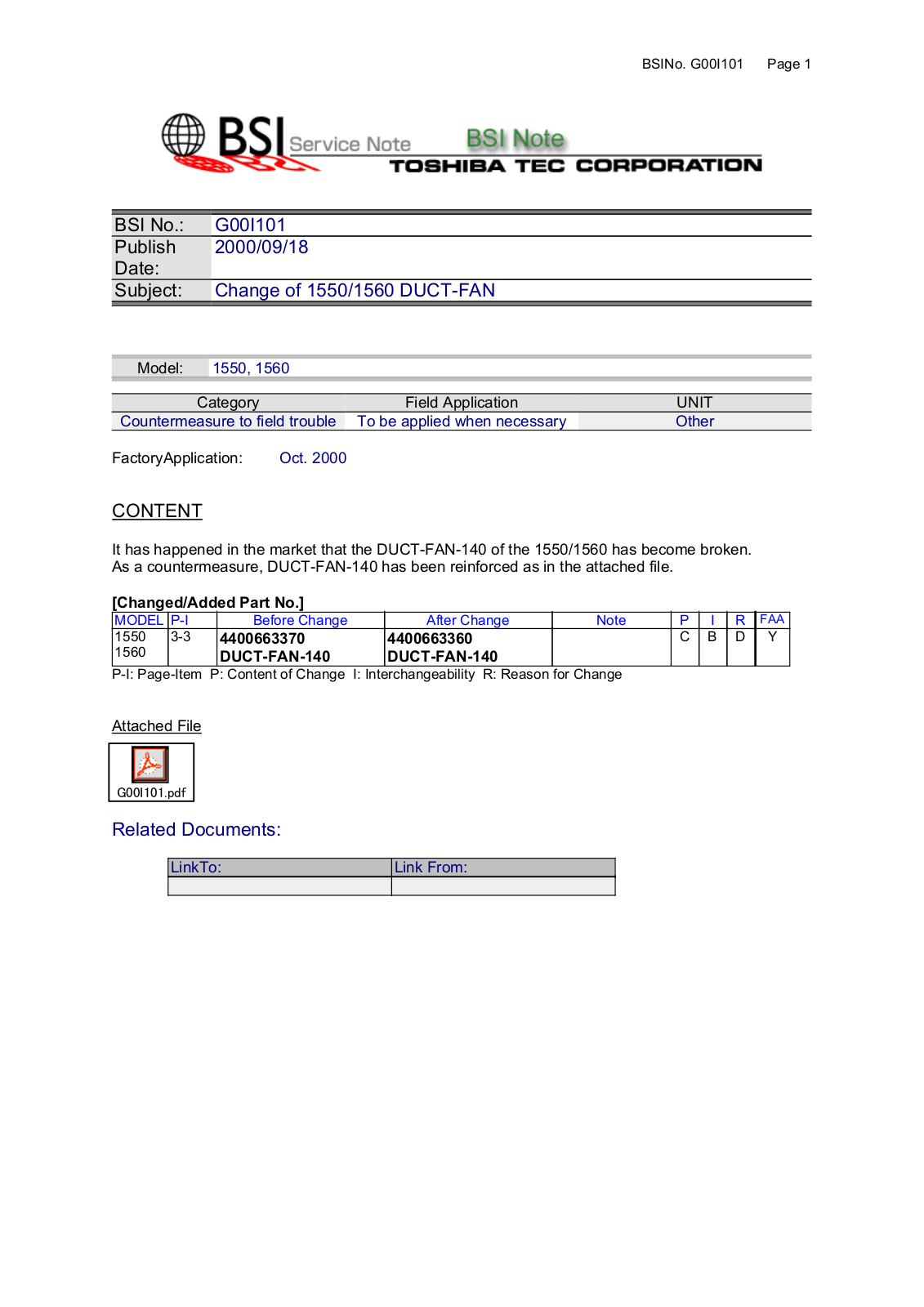 Toshiba G00I101 Service Note