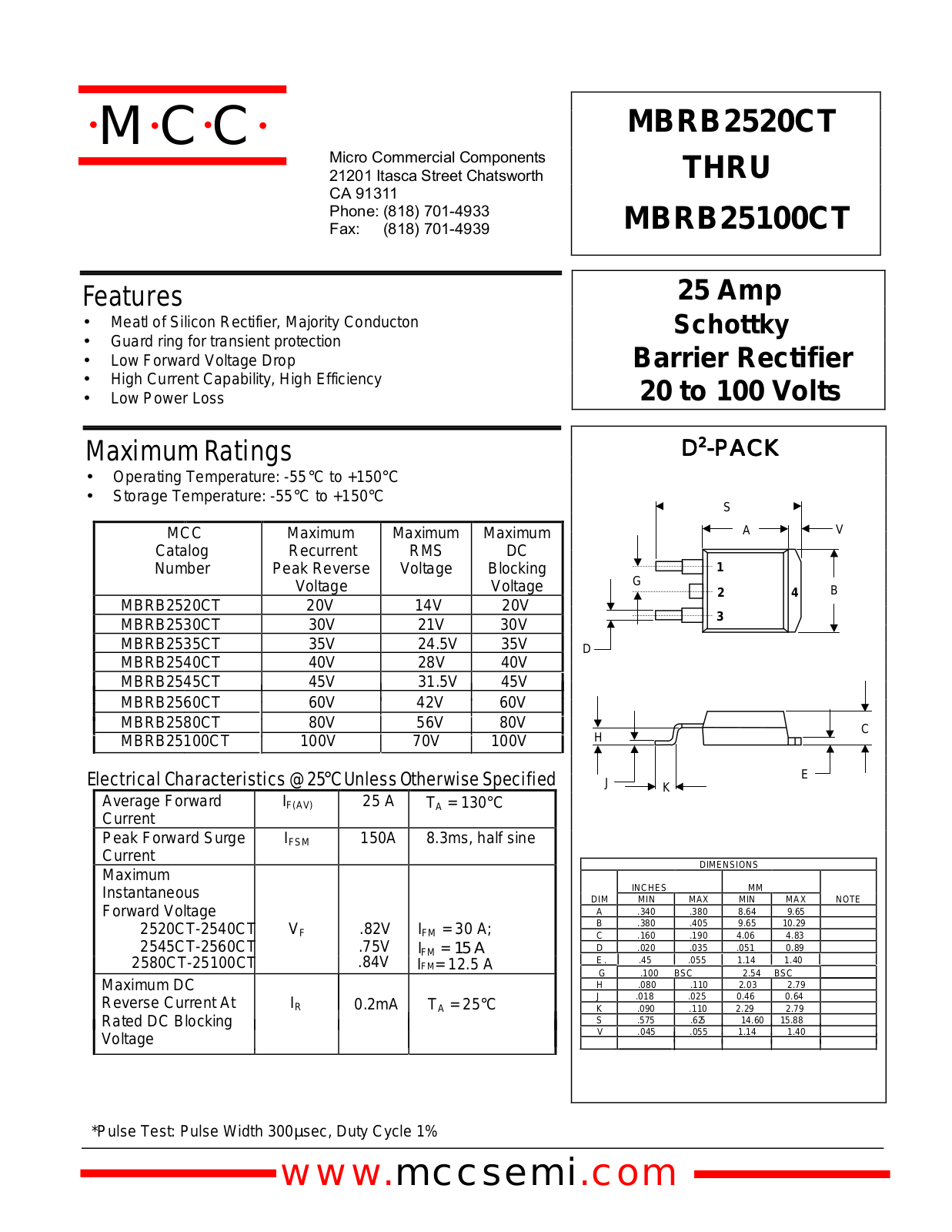 MCC MBRB2560CT, MBRB2580CT, MBRB2545CT, MBRB25100CT, MBRB2540CT Datasheet