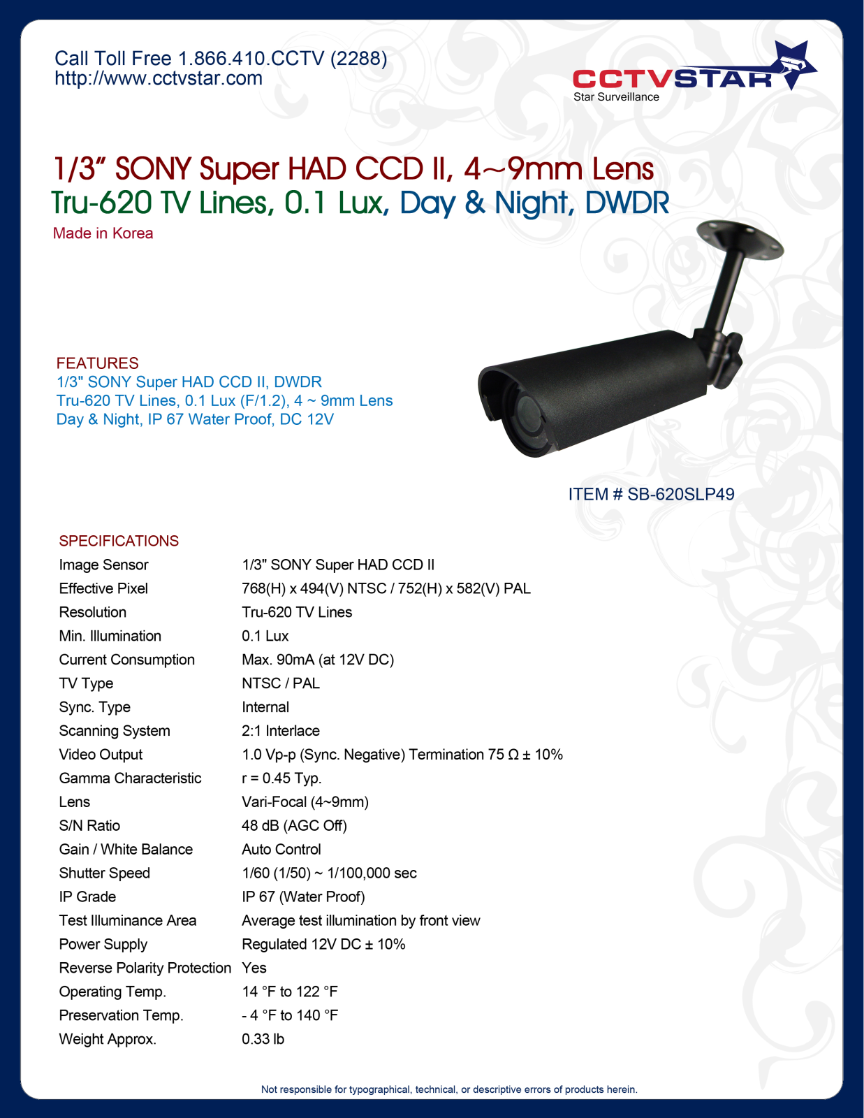 CCTV Star SB-620SLP49 Specsheet - ManualMachine.com