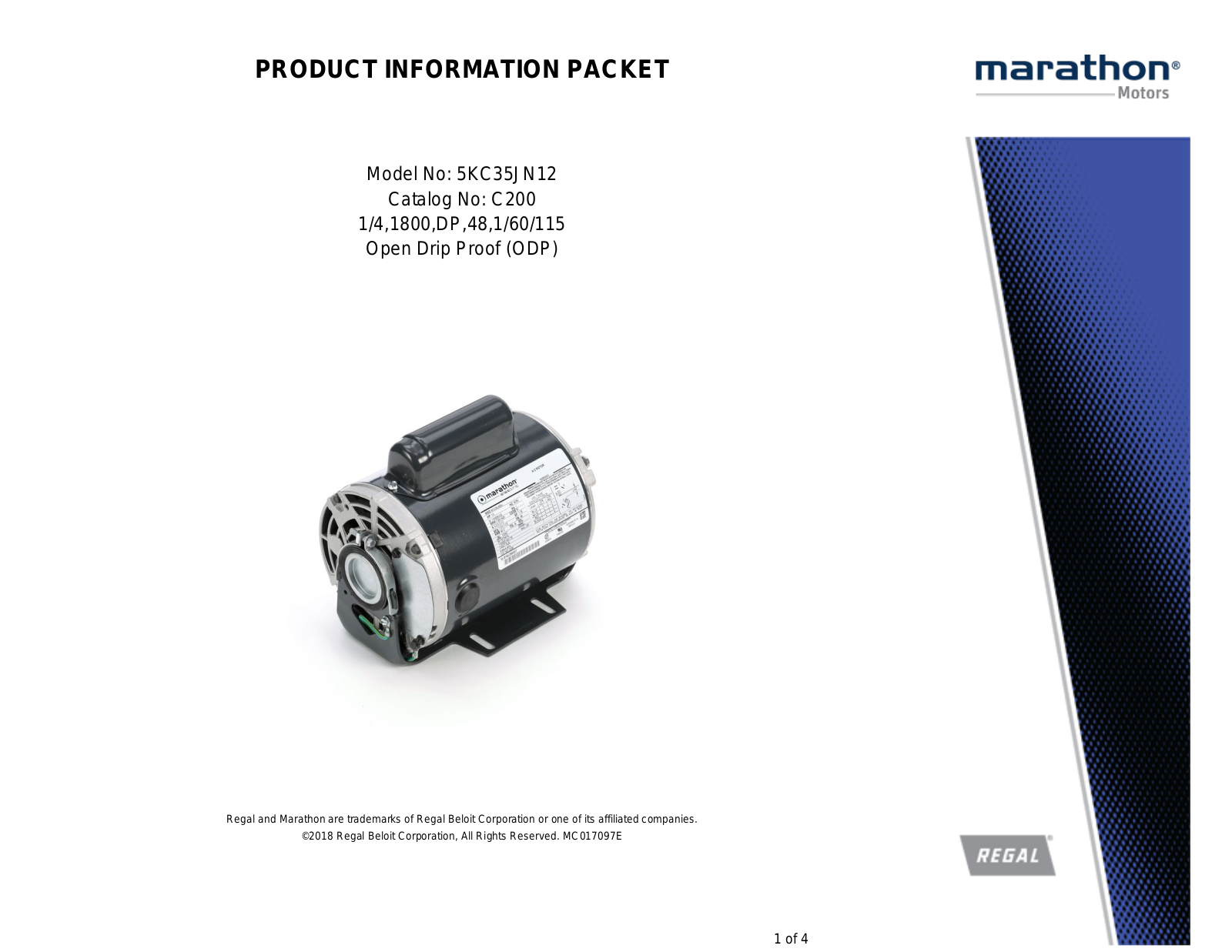 Marathon Electric 5KC35JN12 Product Information Packet