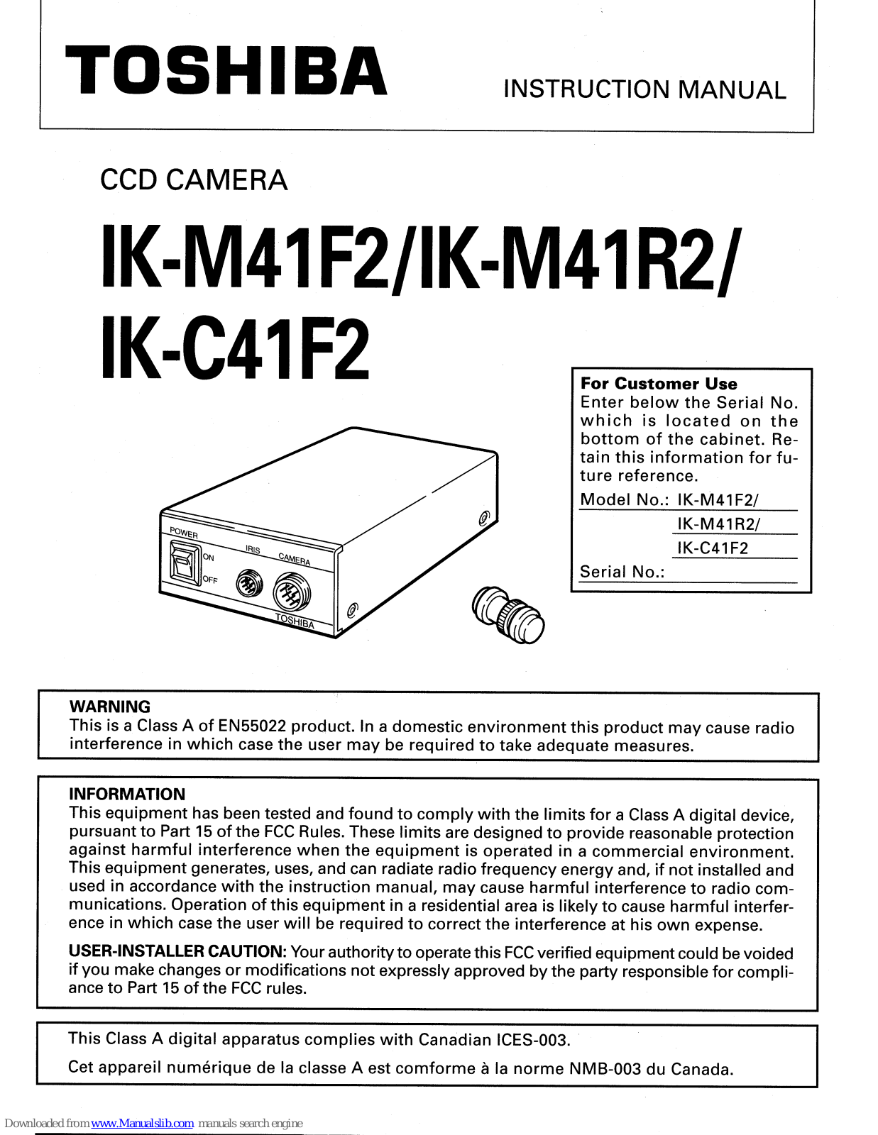 Toshiba IK-C41R2, IK-M41F2, IK-M41R2, IK-C41F2 Instruction Manual