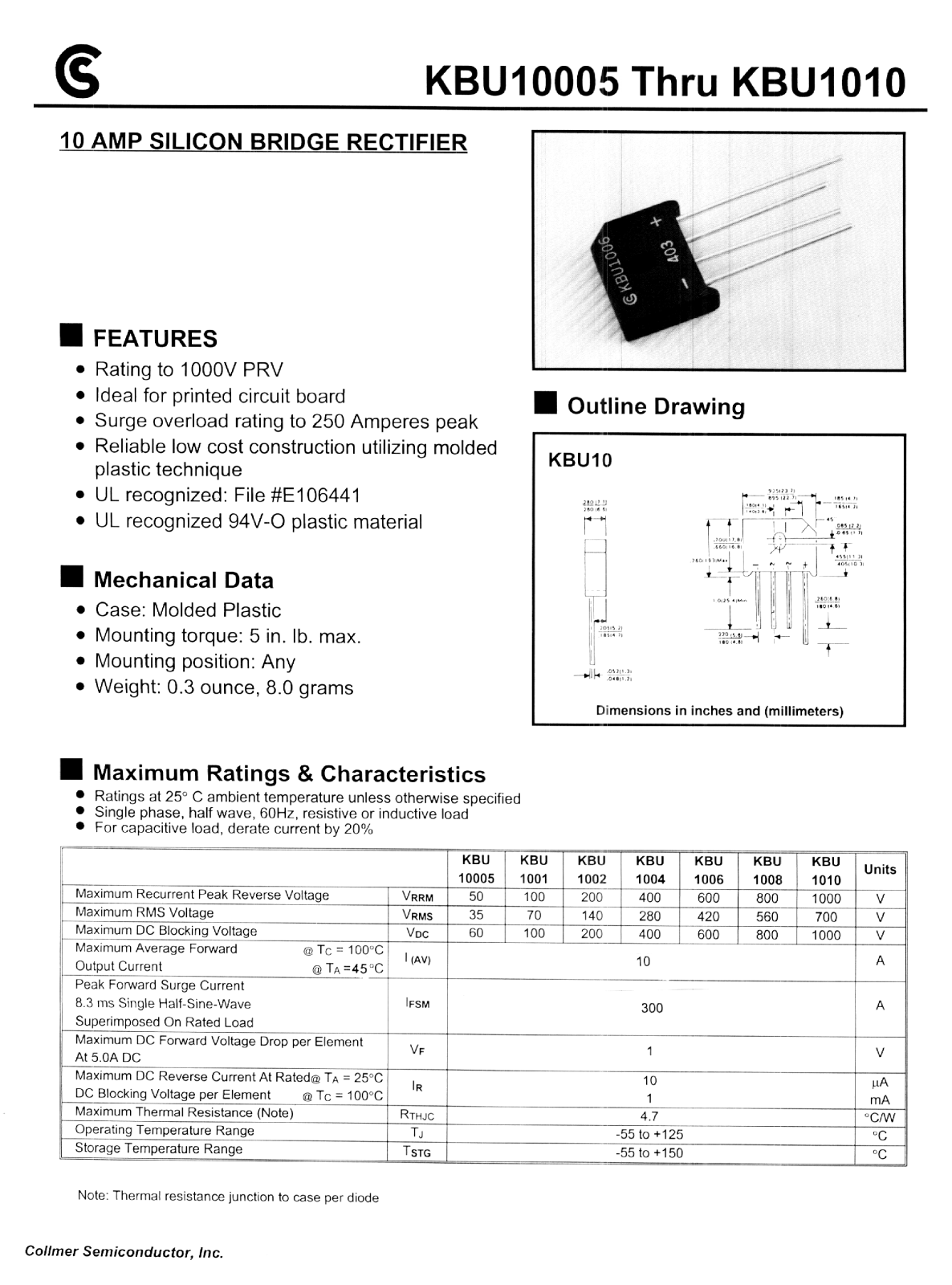 CALLMER KBU1010, KBU1002, KBU10005, KBU1006, KBU1004 Datasheet