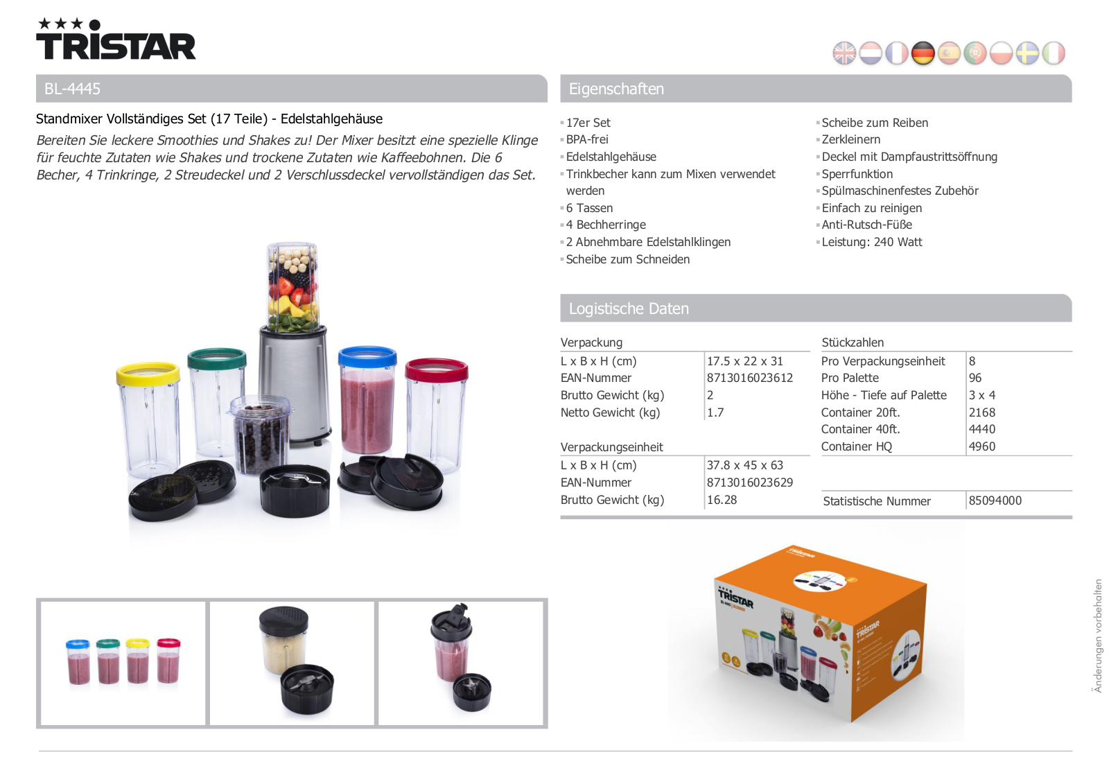 Tristar BL-4445 Technical data