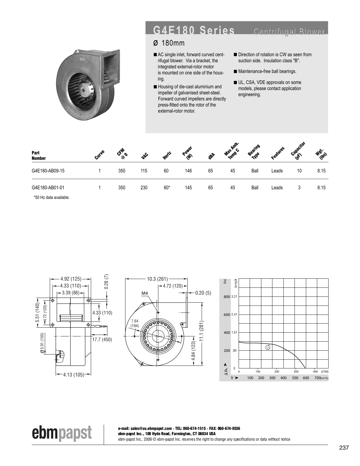 ebm-papst Centrifugal Blower Series G4E180 Catalog Page