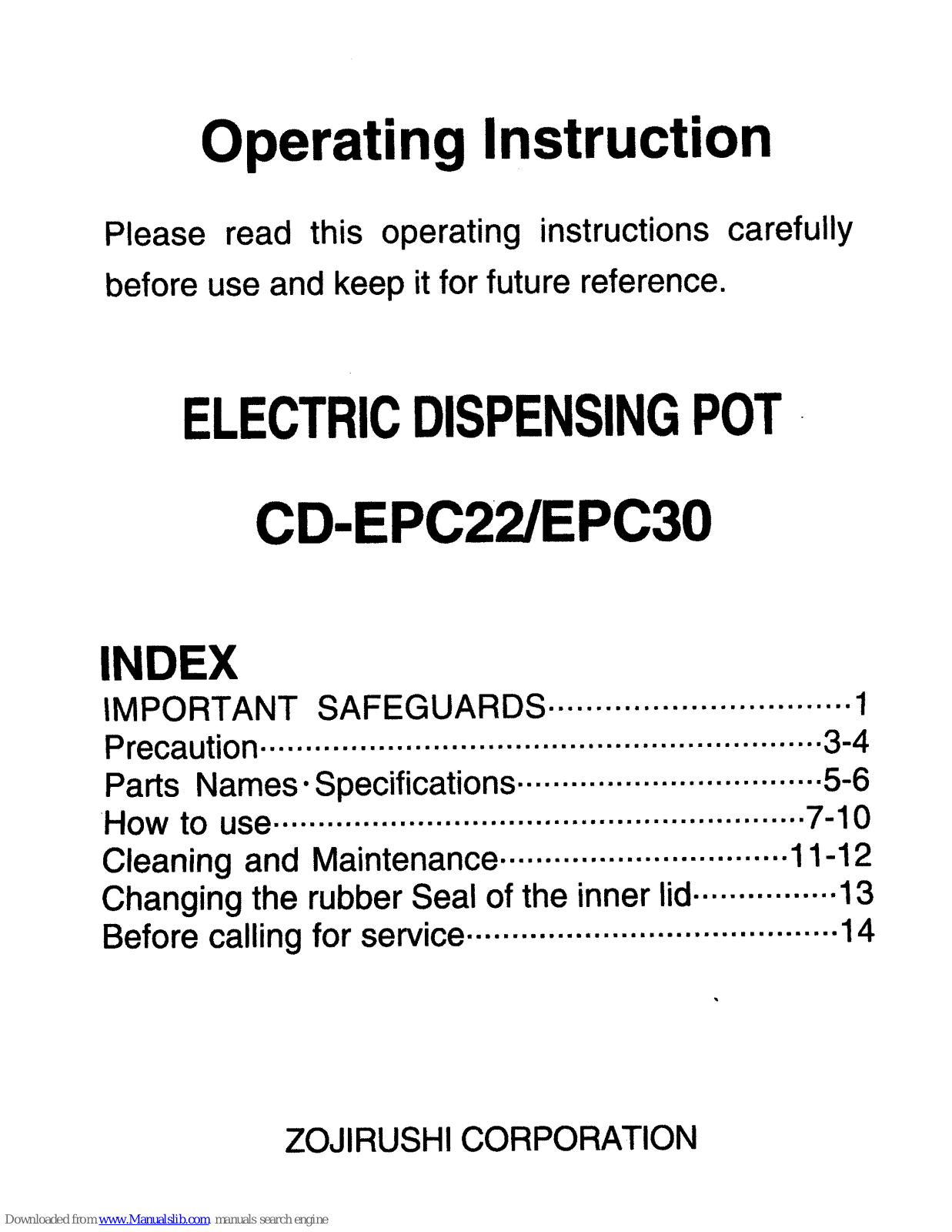 Zojirushi CD-EPC30 Operating Instructions