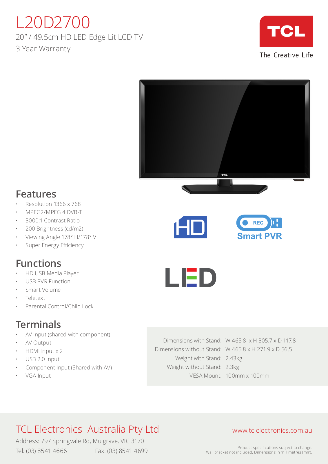 TCL L20D2700 Specifications Sheet