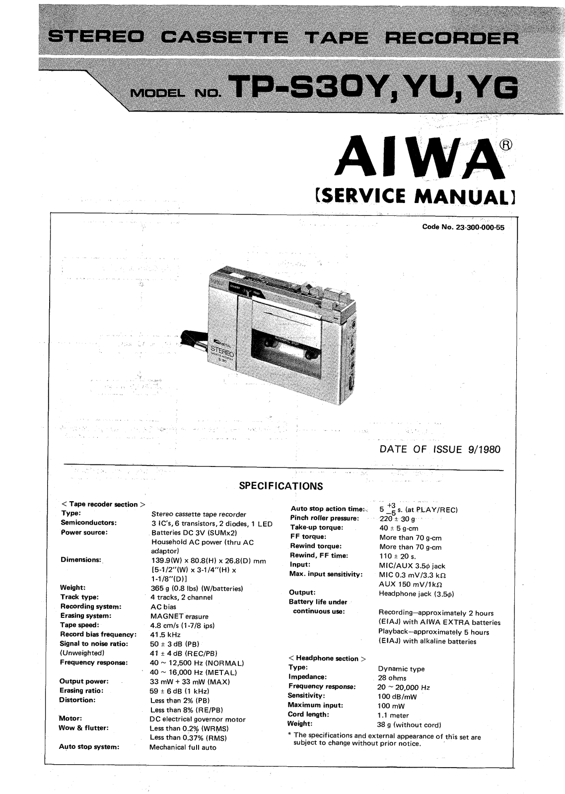 aiwa tp-s30y, tp-s30yu, tp-s30yg User Manual