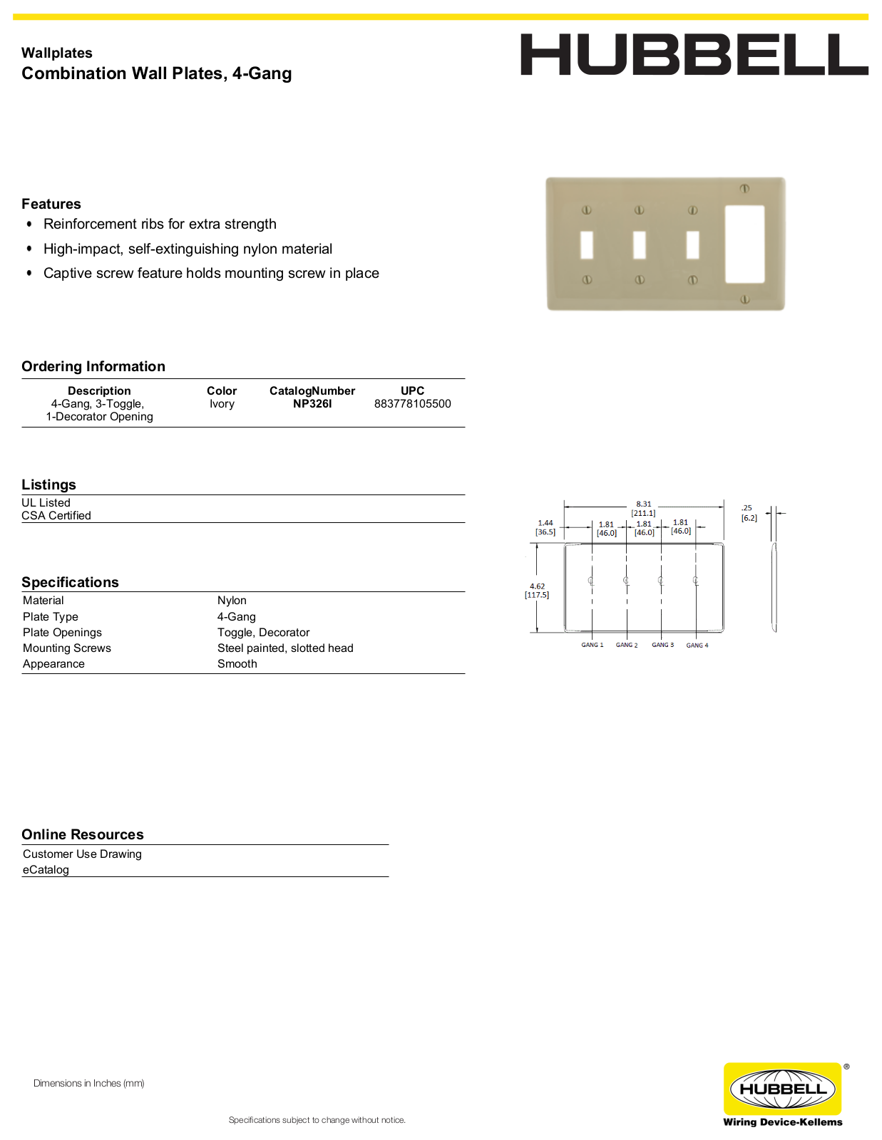 Hubbell NP326I Specifications