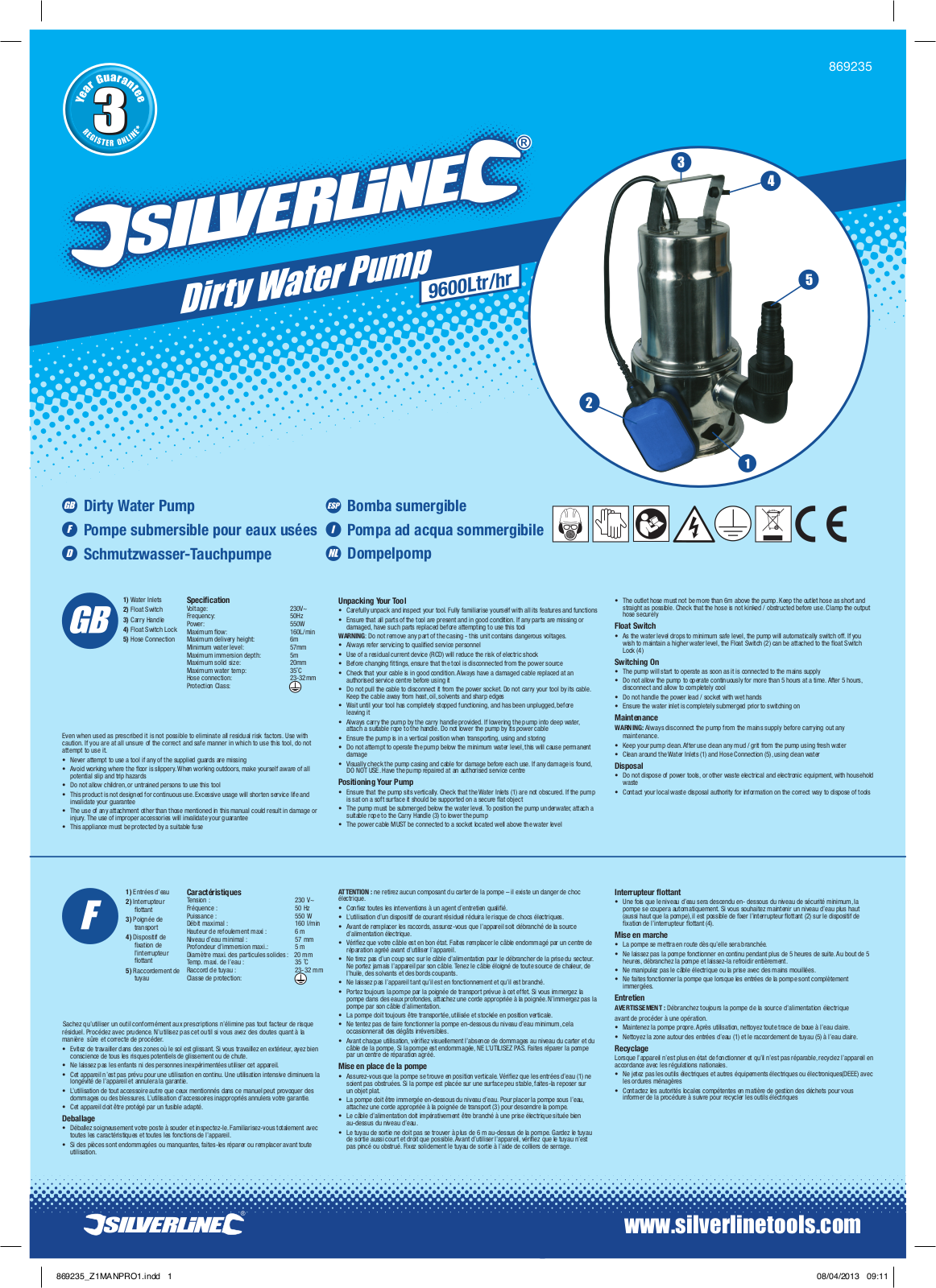 Silverline Dirty Water Pump Stainless Steel User Manual