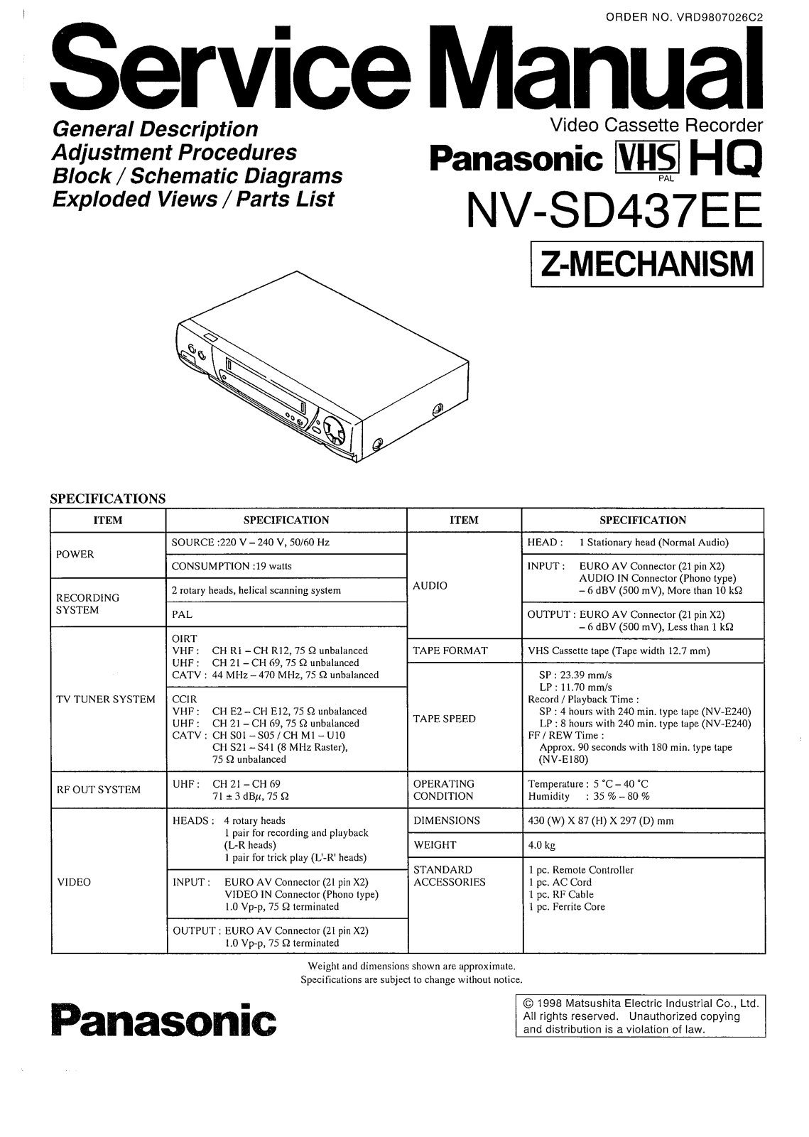 PANASONIC NV-SD437 Service Manual