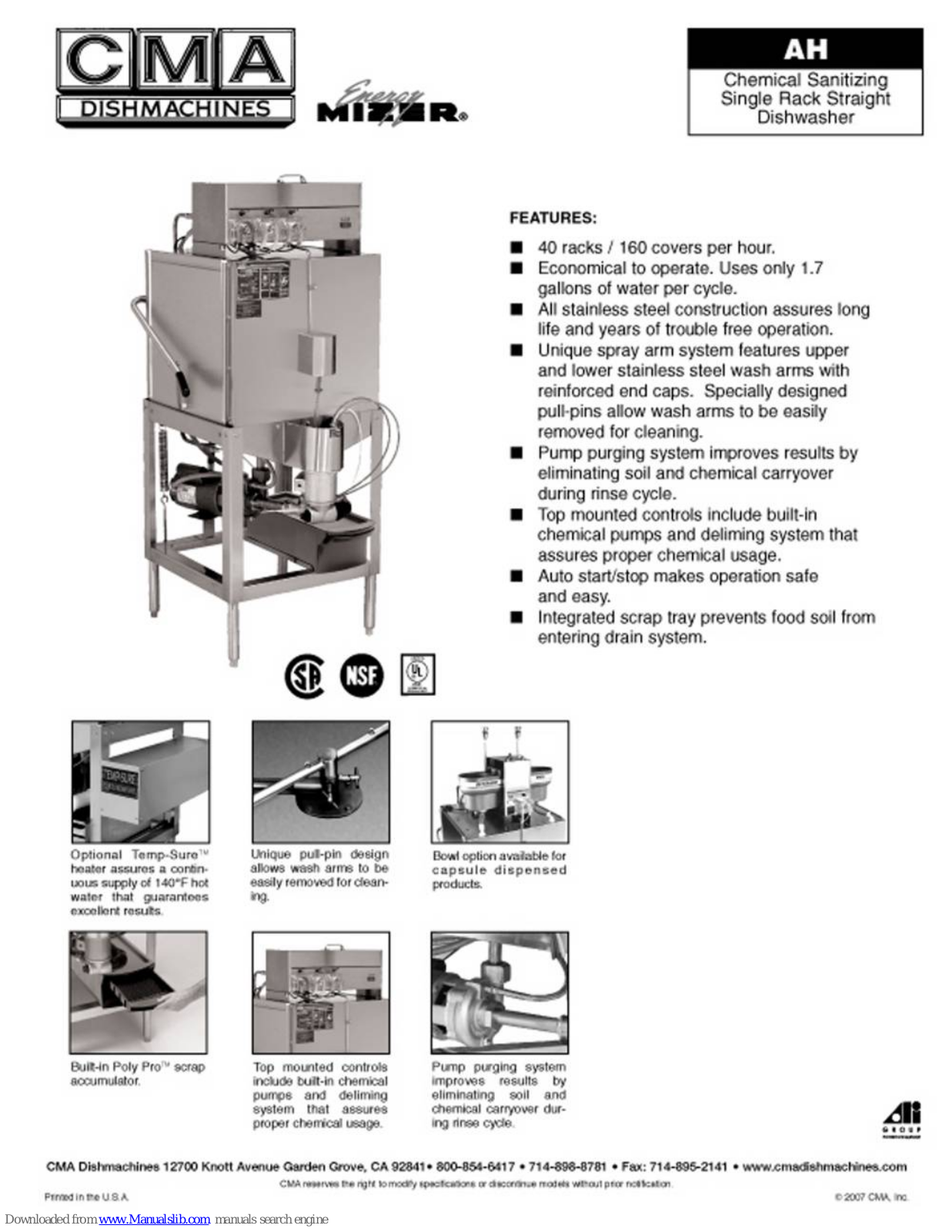 CMA Dishmachines CMA-AH, Energy Mizer AH Specifications