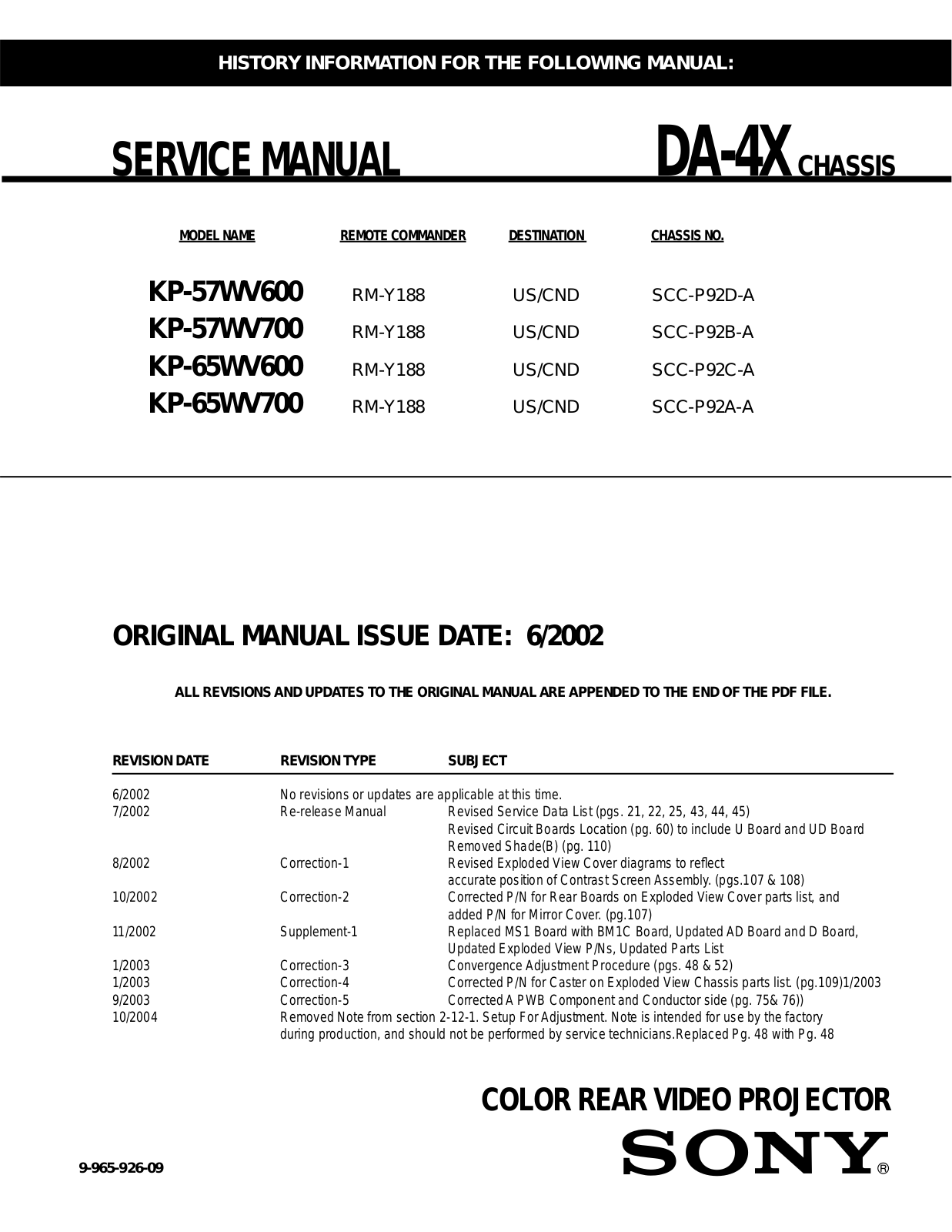 Sony KP-65WV700, KP-65WV600, KP-57WV700, KP-57WV600, DA-4X Service Manual