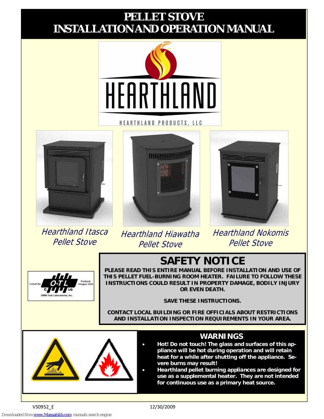 Hearthland Itasca, Hiawatha, Nokomis Installation And Operation Manual