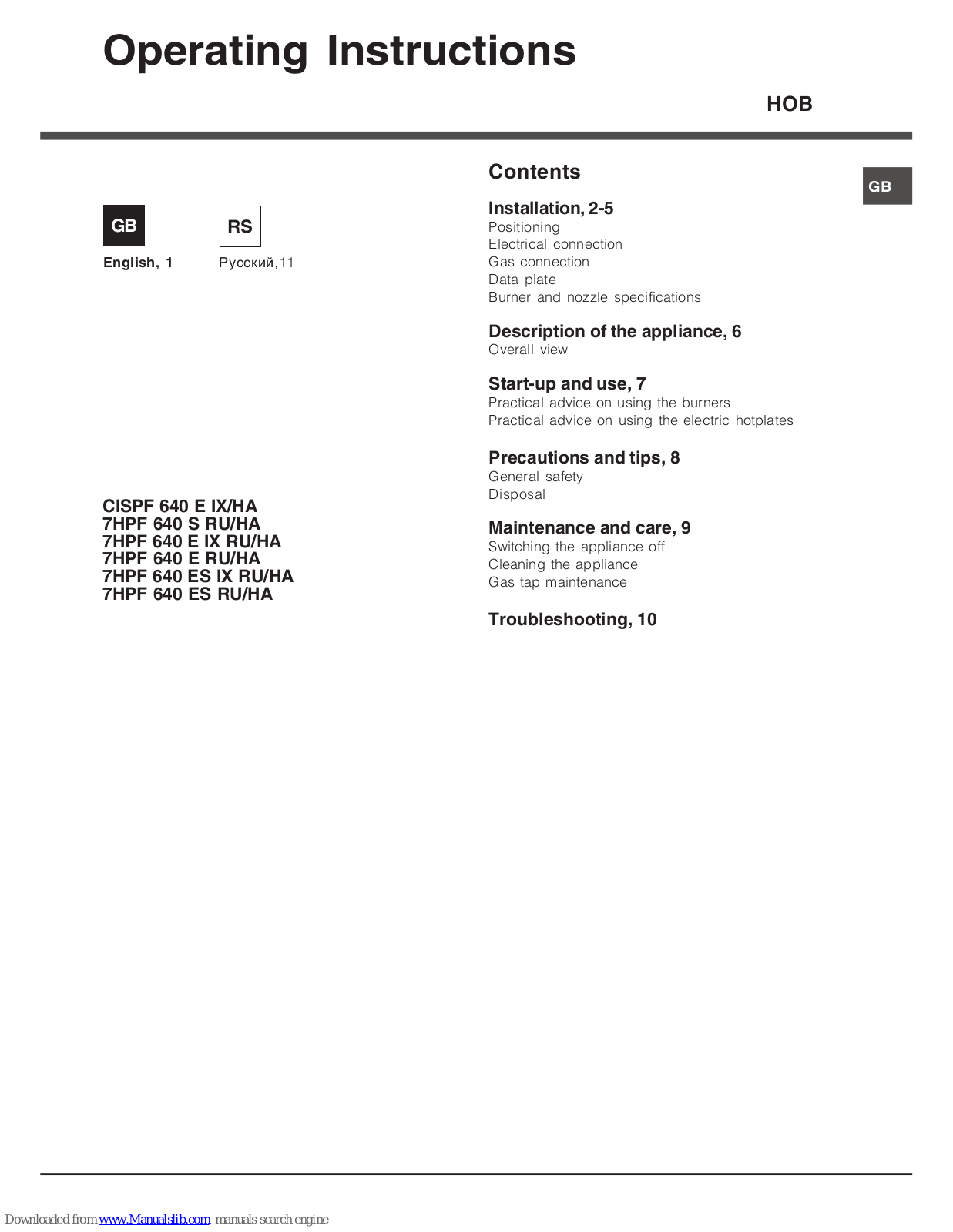 Hotpoint Ariston CISPF 640 E IX/HA, 7HPF 640 ES RU/HA, 7HPF 640 S RU/HA, 7HPF 640 E IX RU/HA, 7HPF 640 E RU/HA Operating Instructions Manual