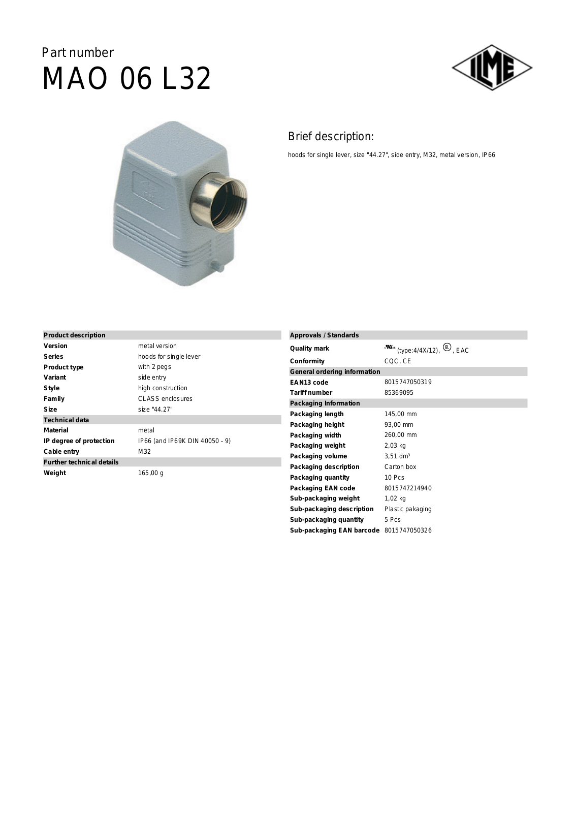 Datasheet MAO-06L32 Datasheet (ILME) - ManualMachine.com