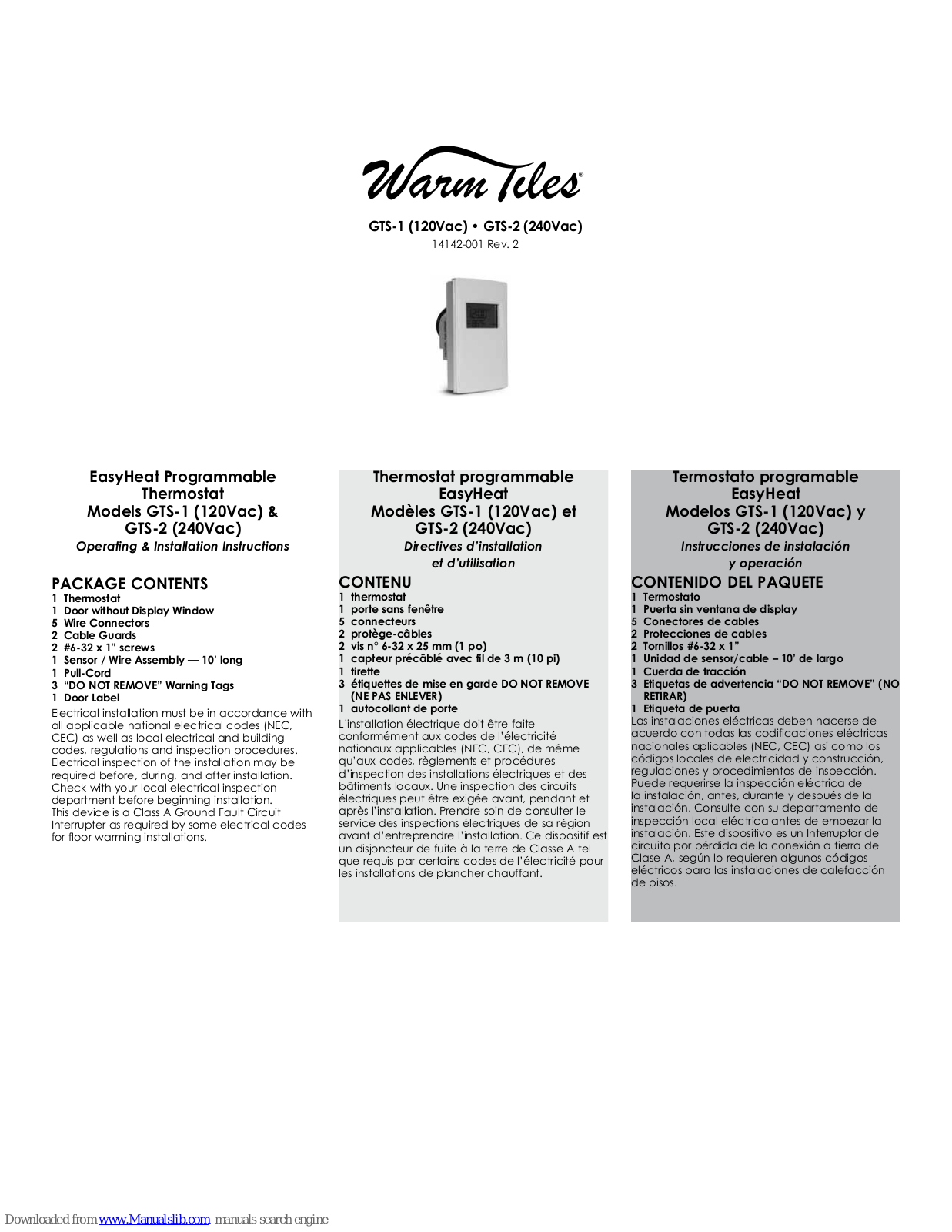 Warm Tiles GTS-1, GTS-2 Operating & Installation Instructions Manual