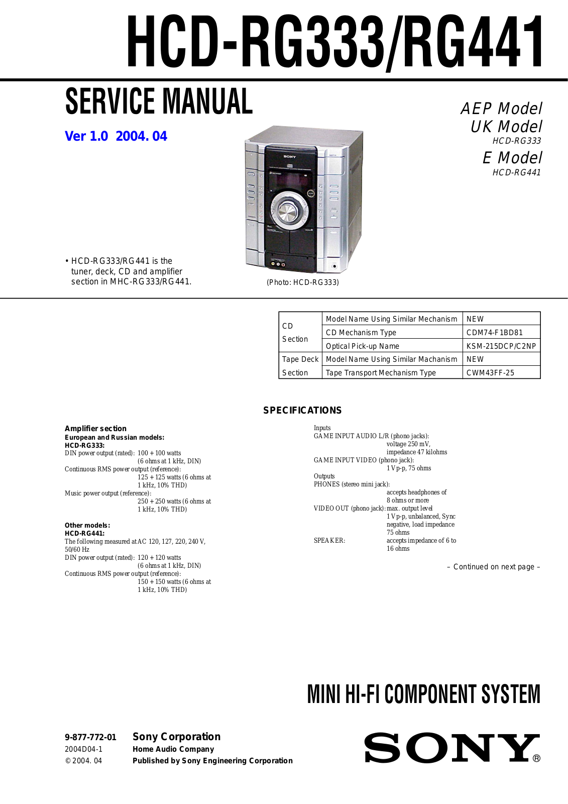 Sony HCD-RG333, HCD-RG441 Service Manual