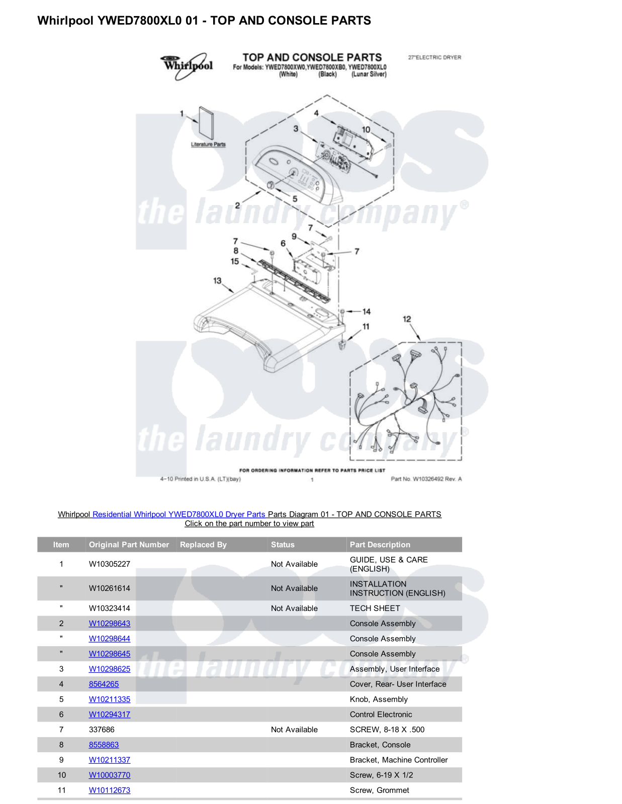 Whirlpool YWED7800XL0 Parts Diagram