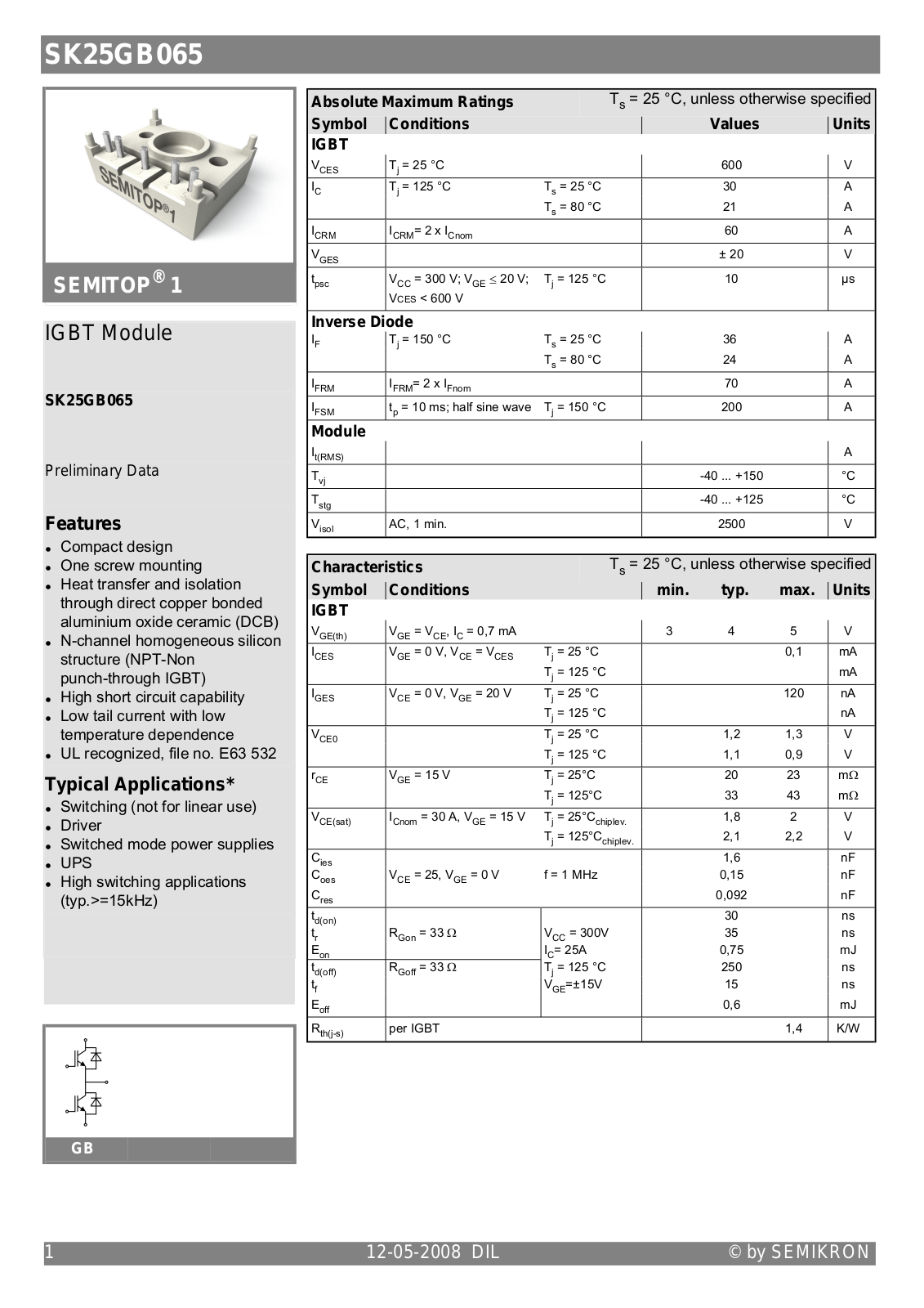 Semikron SK25GB065 Data Sheet