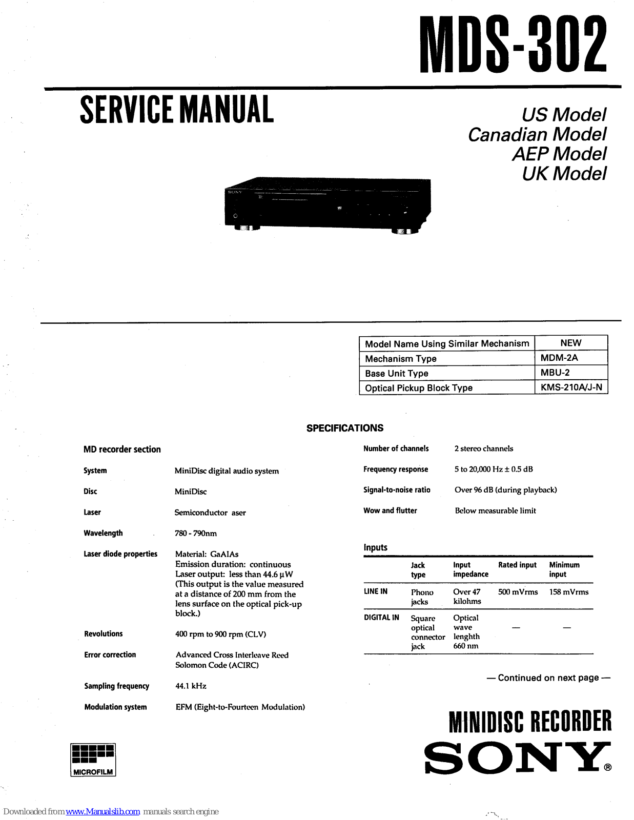 Sony MDS-302 - Hi-fi Mini Disc Service Manual