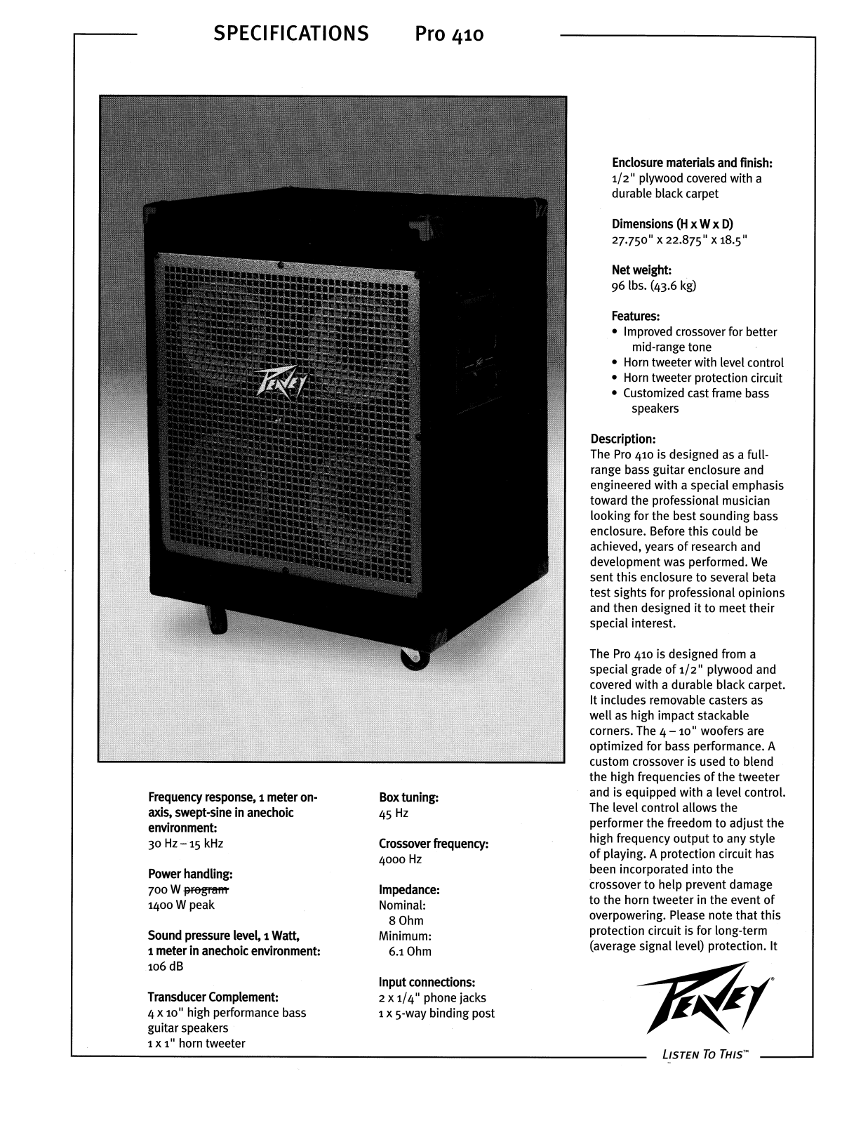 Peavey PRO 410 DATASHEET