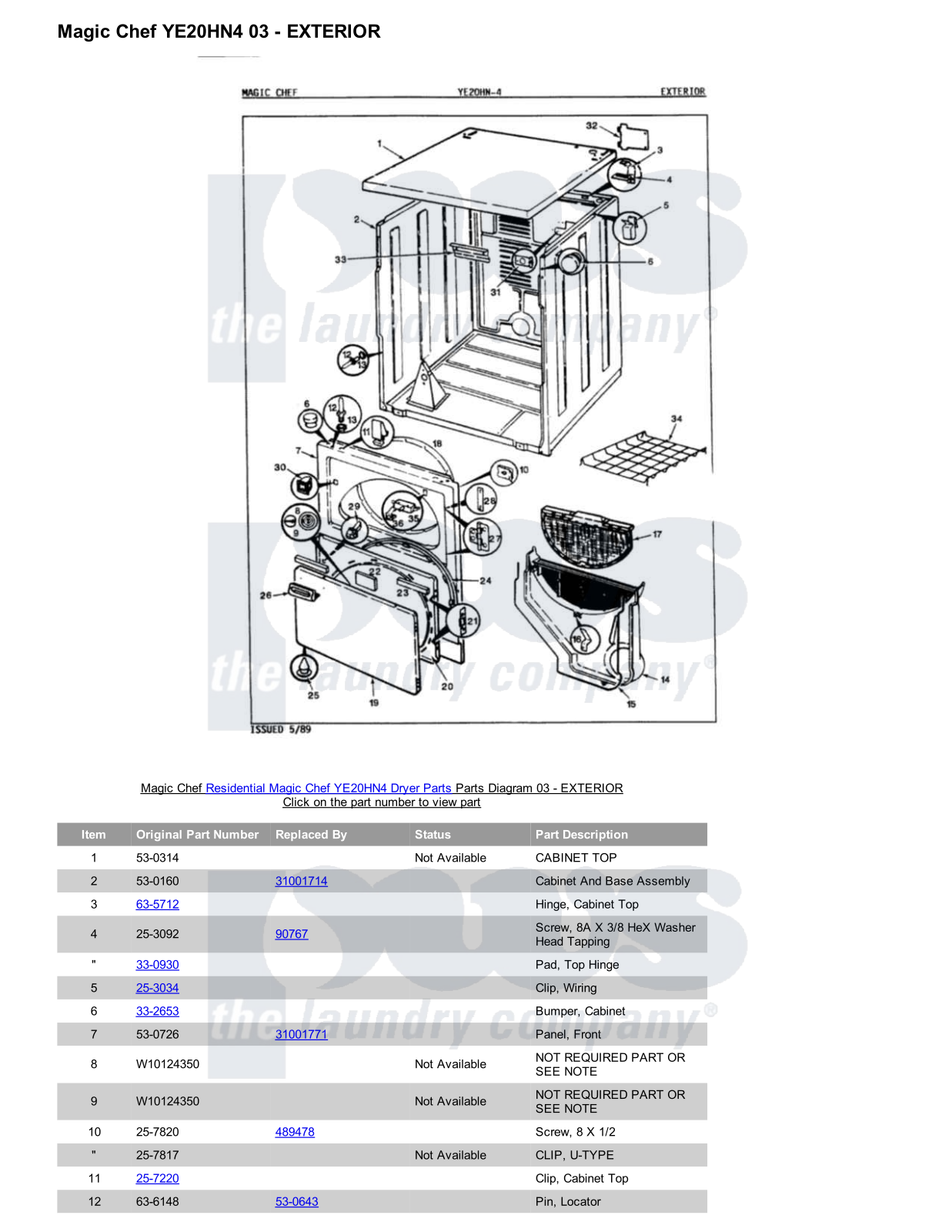 Magic Chef YE20HN4 Parts Diagram