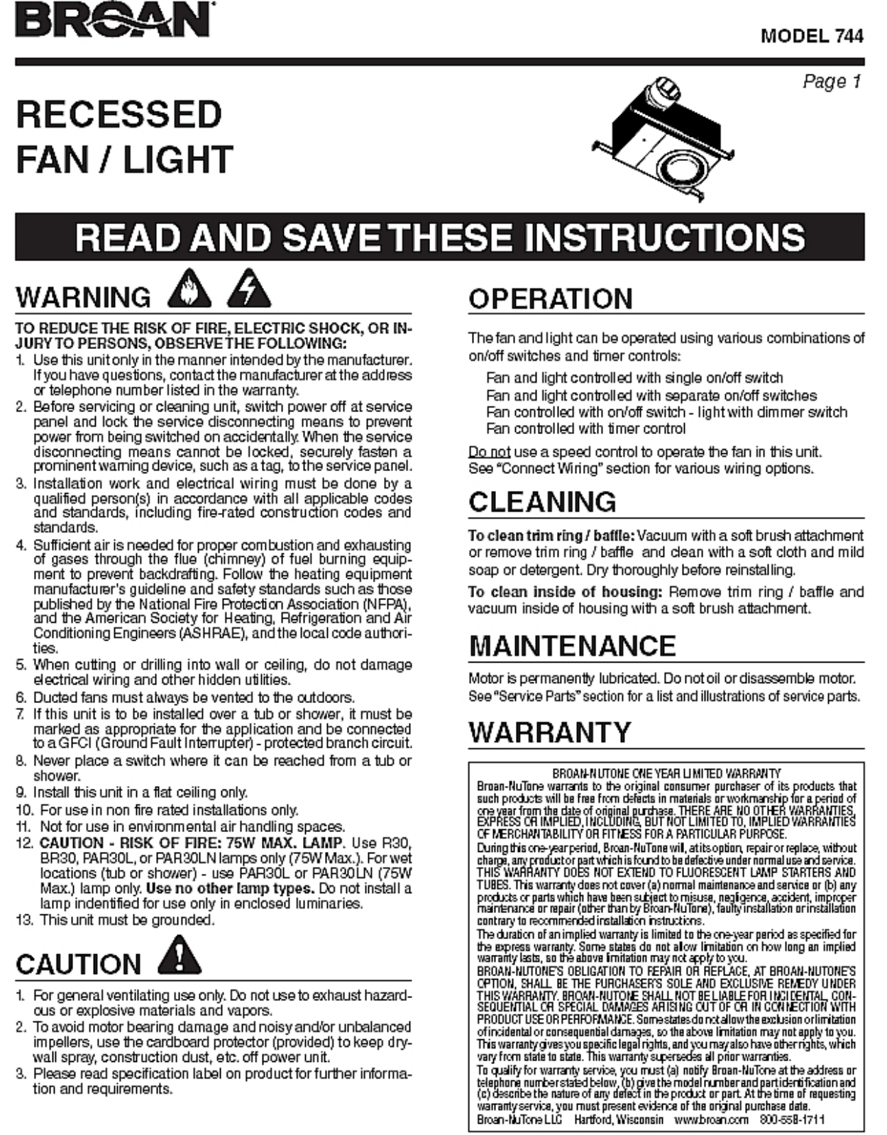 Broan 744 Recessed Fan Light Installation Guide