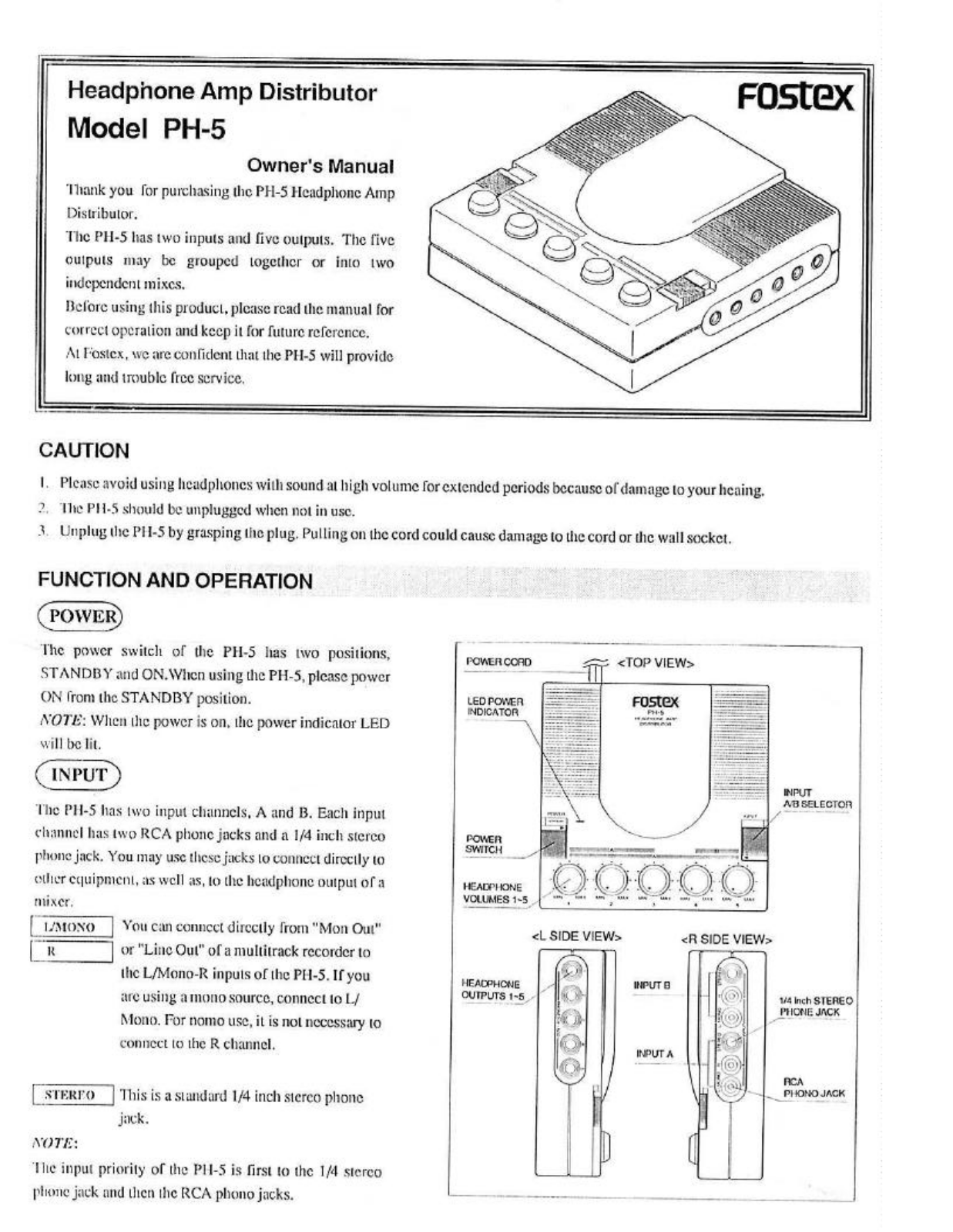 Fostex PH-5 Owners Manual