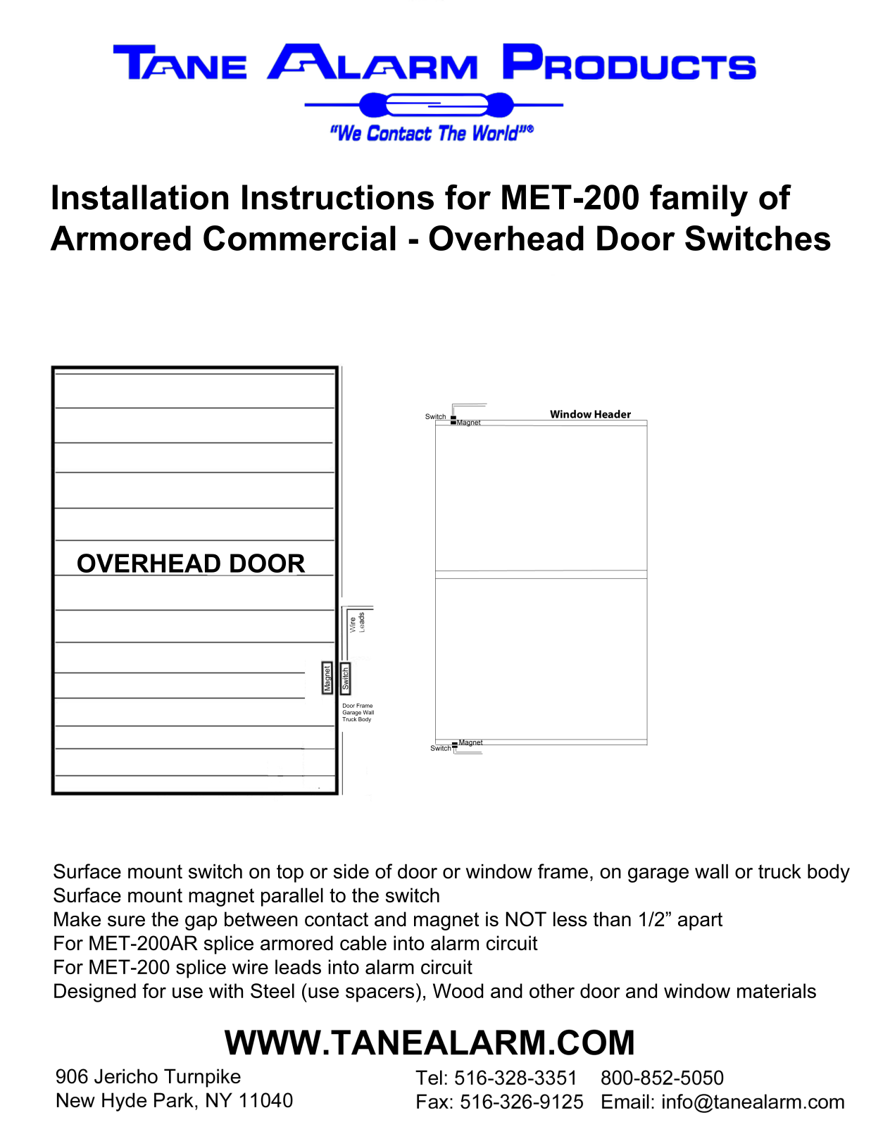 Tane MET-202CAR-WP18, MET-200, MET-200-AR Installation Instructions