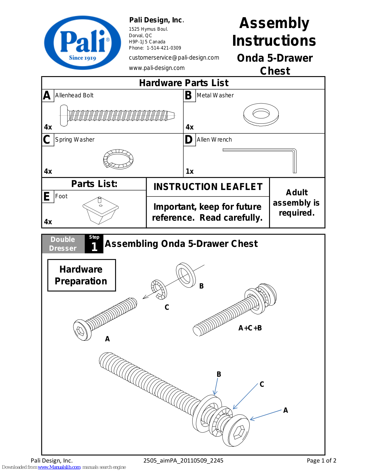 PALI Onda, Onda Nightstand, Onda Armoire, Onda Double Dresser Assembly  Manual