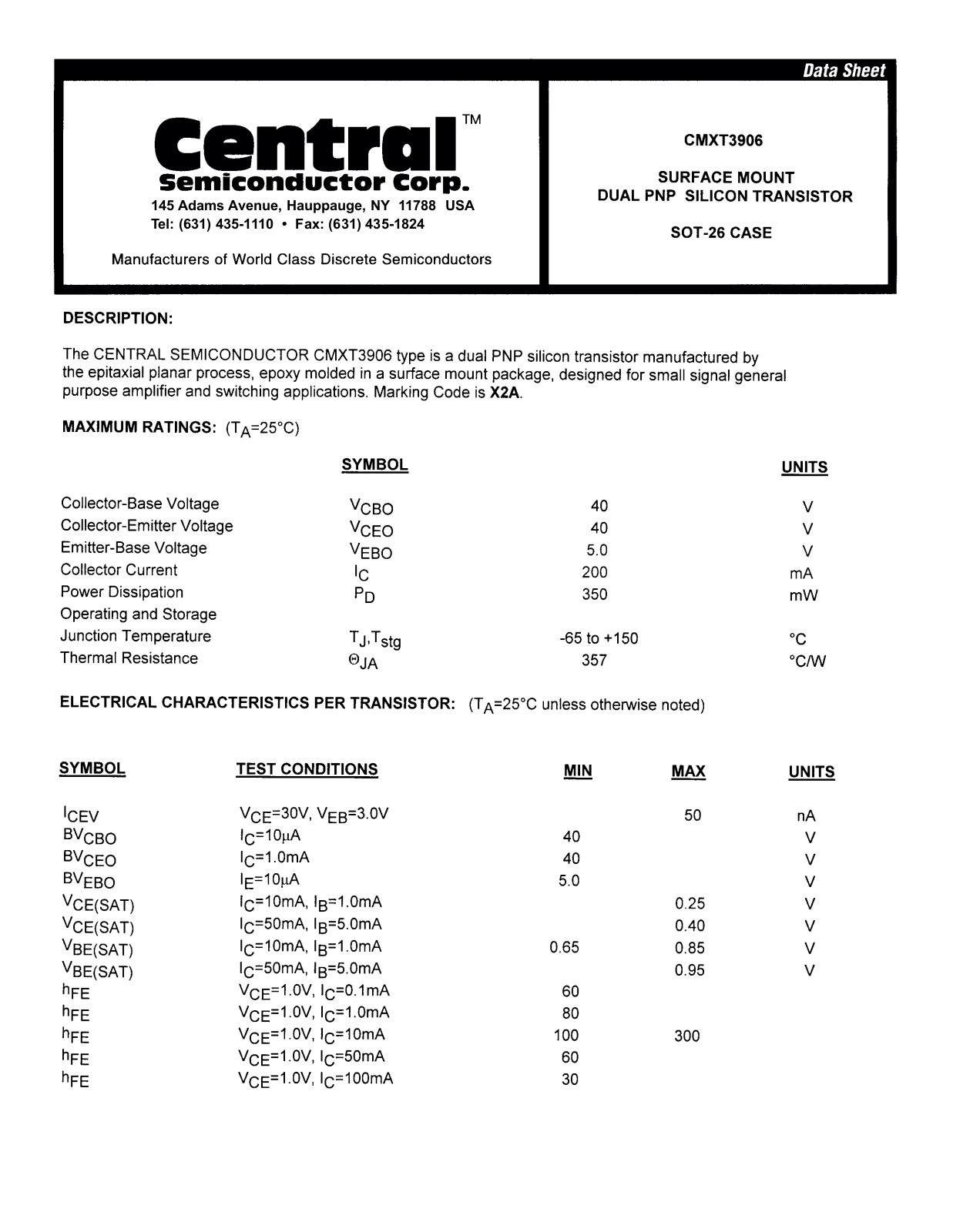 CENTR CMXT3906 Datasheet