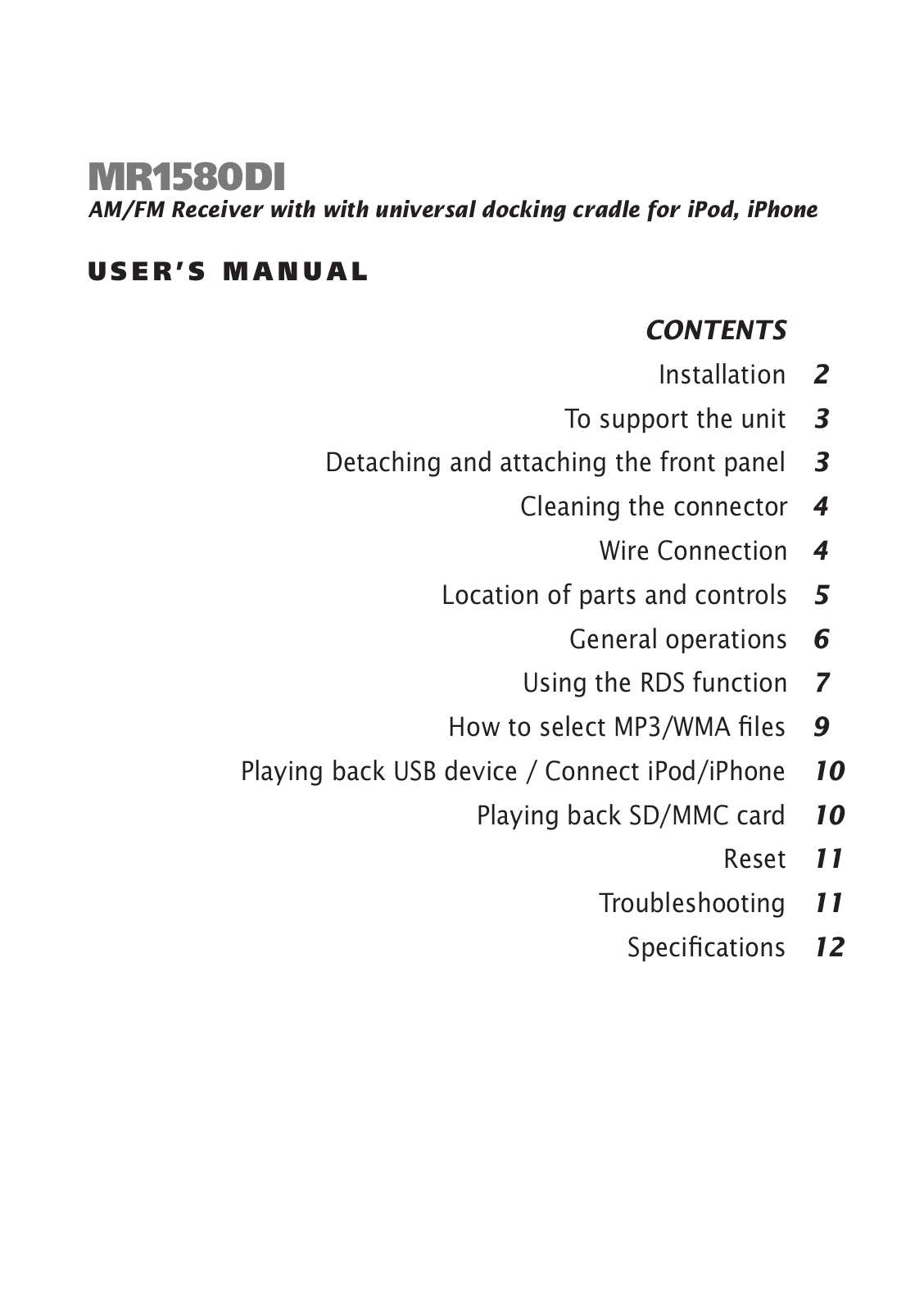 Boss Audio MR1580DI User Manual