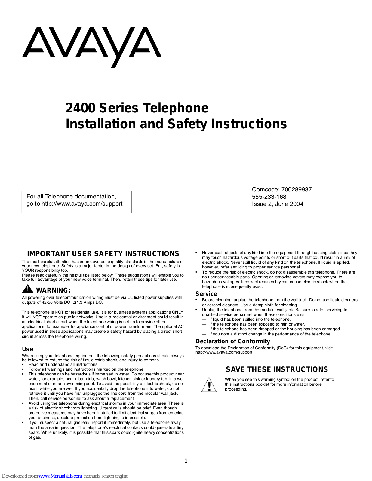 Avaya 2402, 2410, 2420 Installation And Safety Instructions