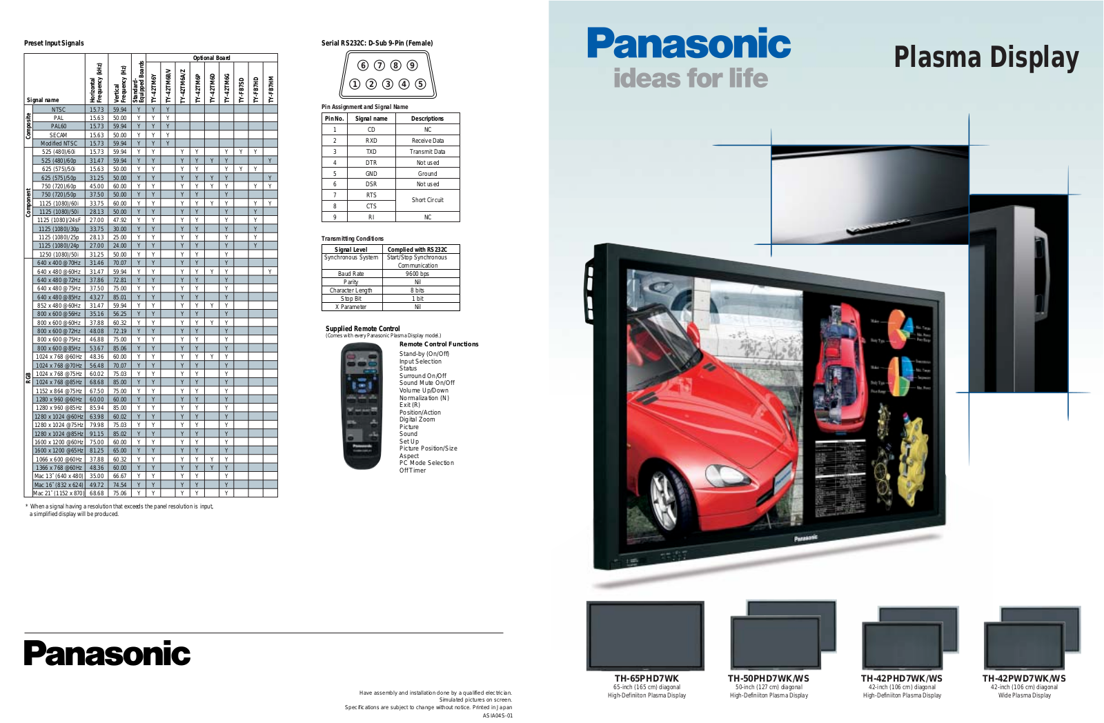 Panasonic TH-50PHD7WK-WS, TH-65PHD7WK, TH-42PHD7WK-WS, TH-42PWD7WK-WS User Manual